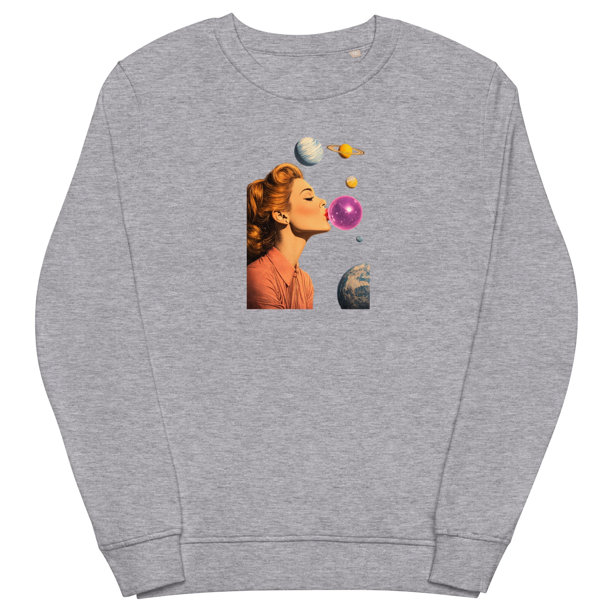 Grey melange unisex organic sweatshirt with Lady Space print design, front view – iNKORART Studio