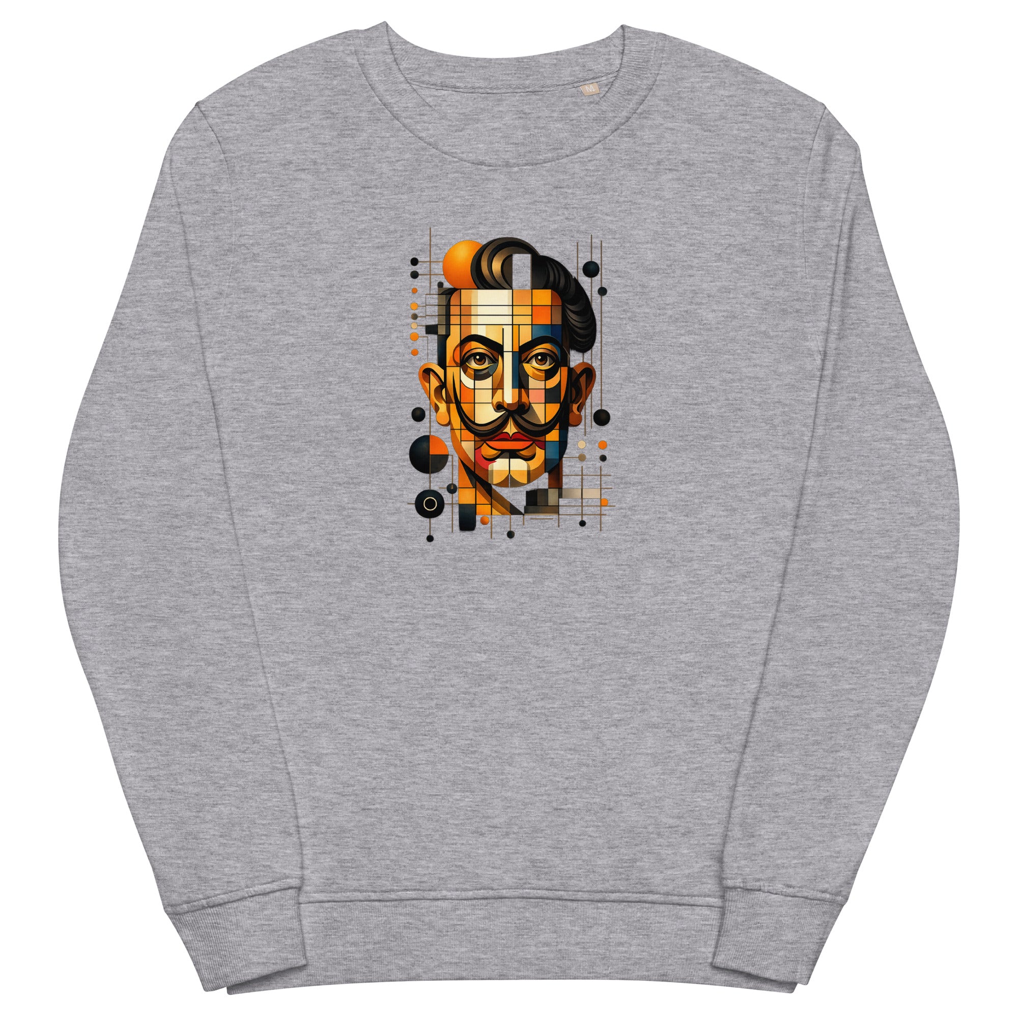 Grey melange unisex organic sweatshirt with Dali print design, front view – iNKORART Studio