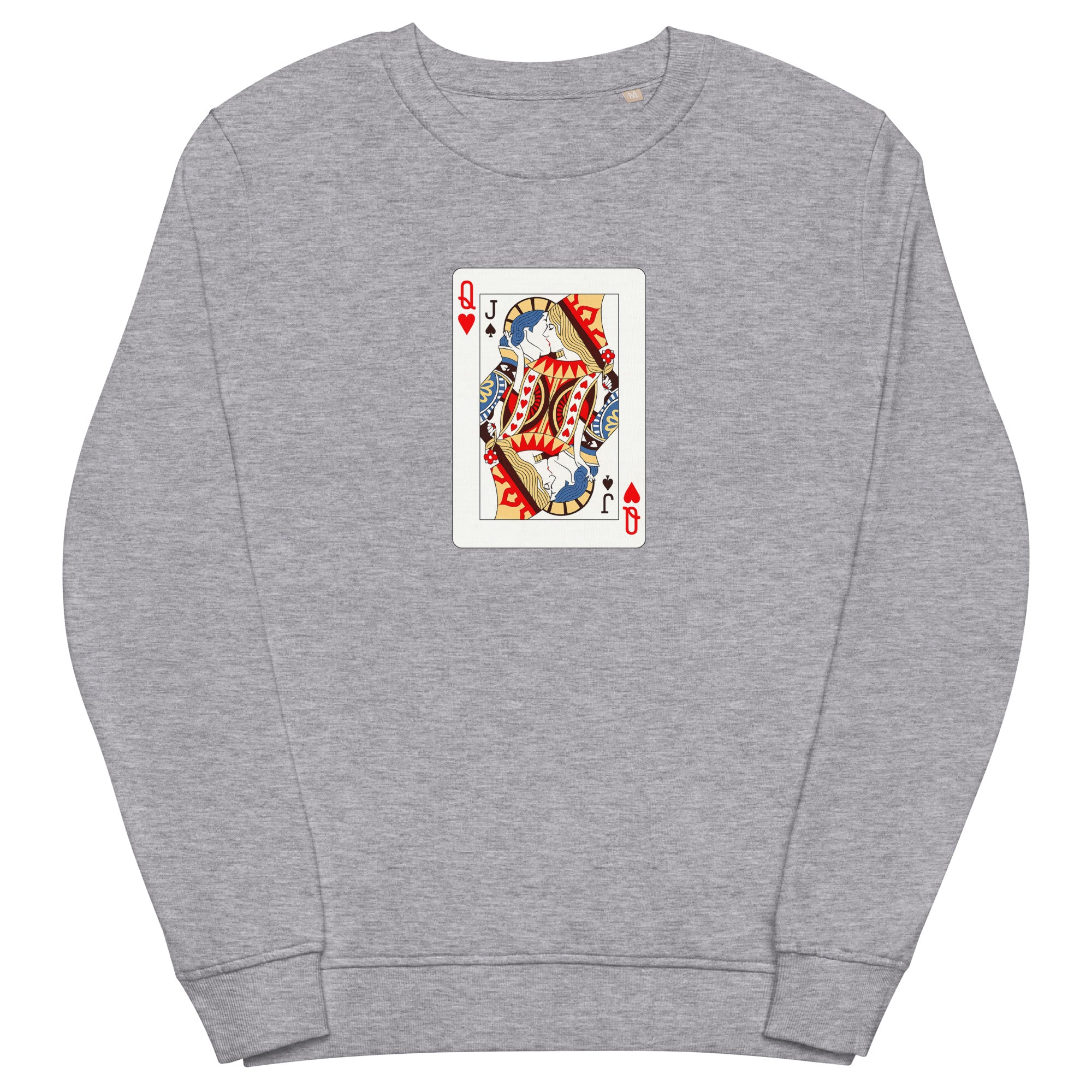 Grey melange unisex organic sweatshirt with Love Card print design, front view – iNKORART Studio