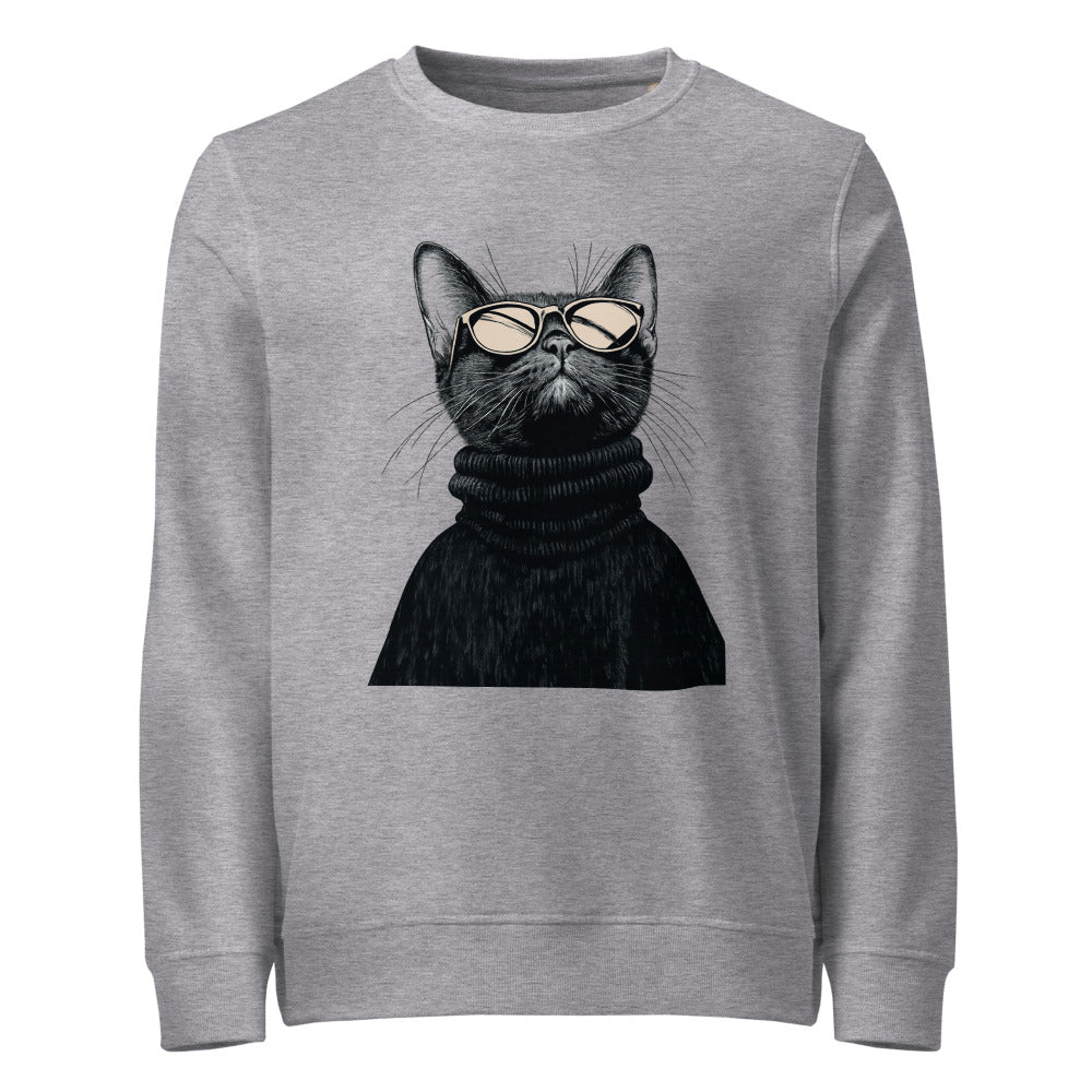 Grey Melange unisex organic sweatshirt with Retro Glasses Cat print design, front view – iNKORART Studio