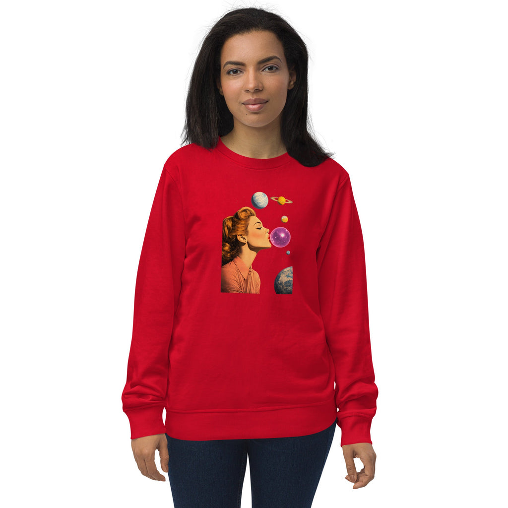 Red unisex organic sweatshirt with Lady Space print design, front view – iNKORART Studio