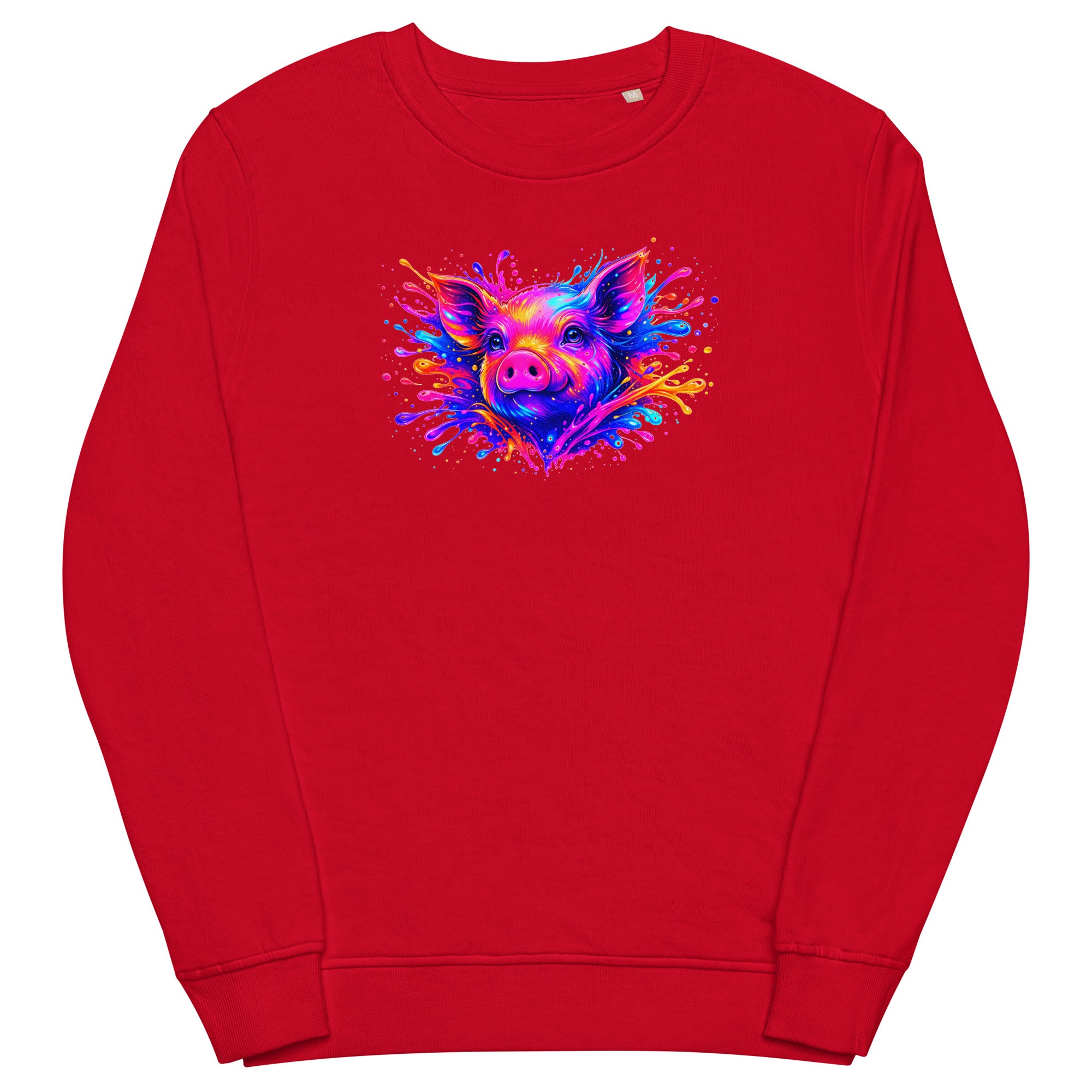 Red unisex organic sweatshirt with Cute Pig print design, front view – iNKORART Studio