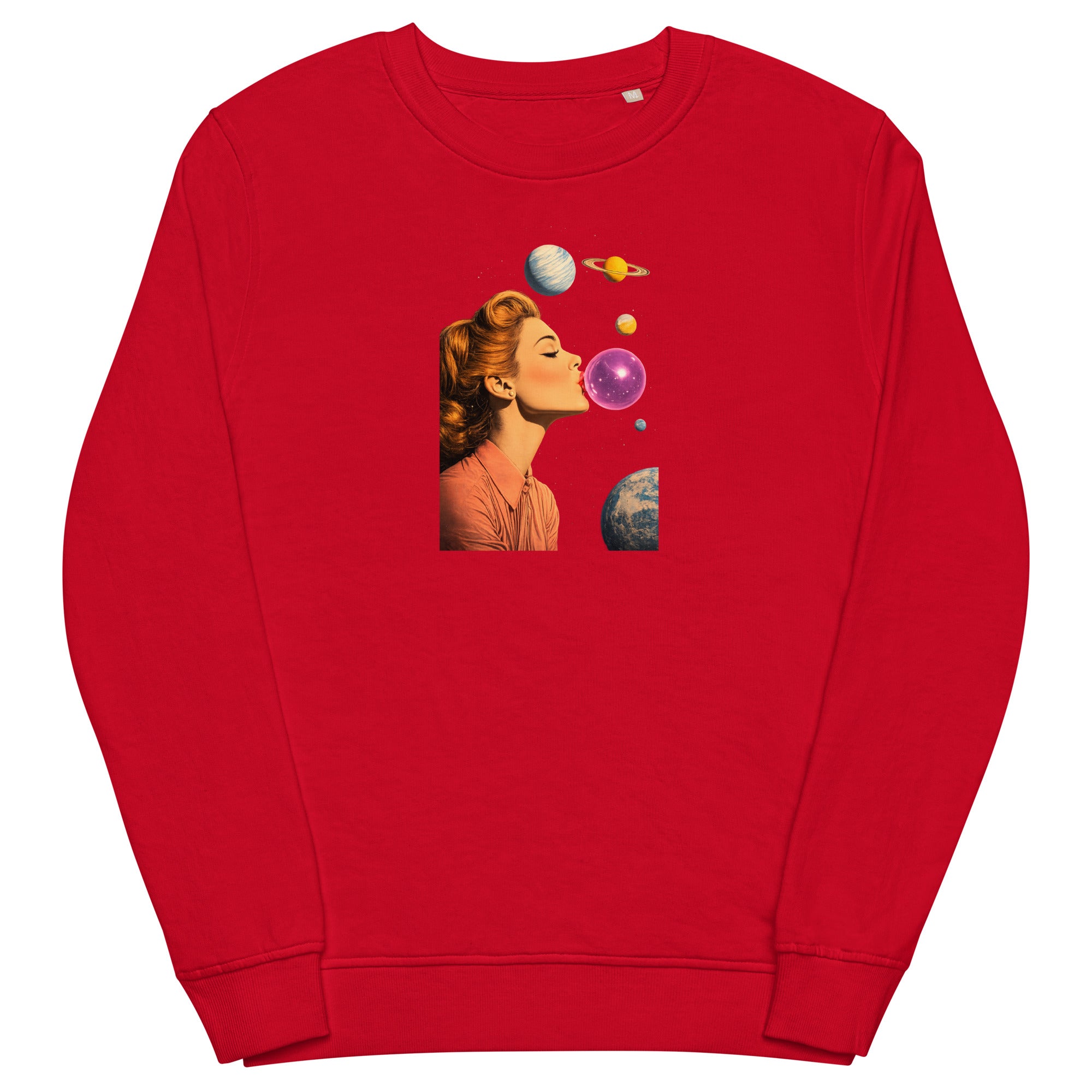 Red unisex organic sweatshirt with Lady Space print design, front view – iNKORART Studio