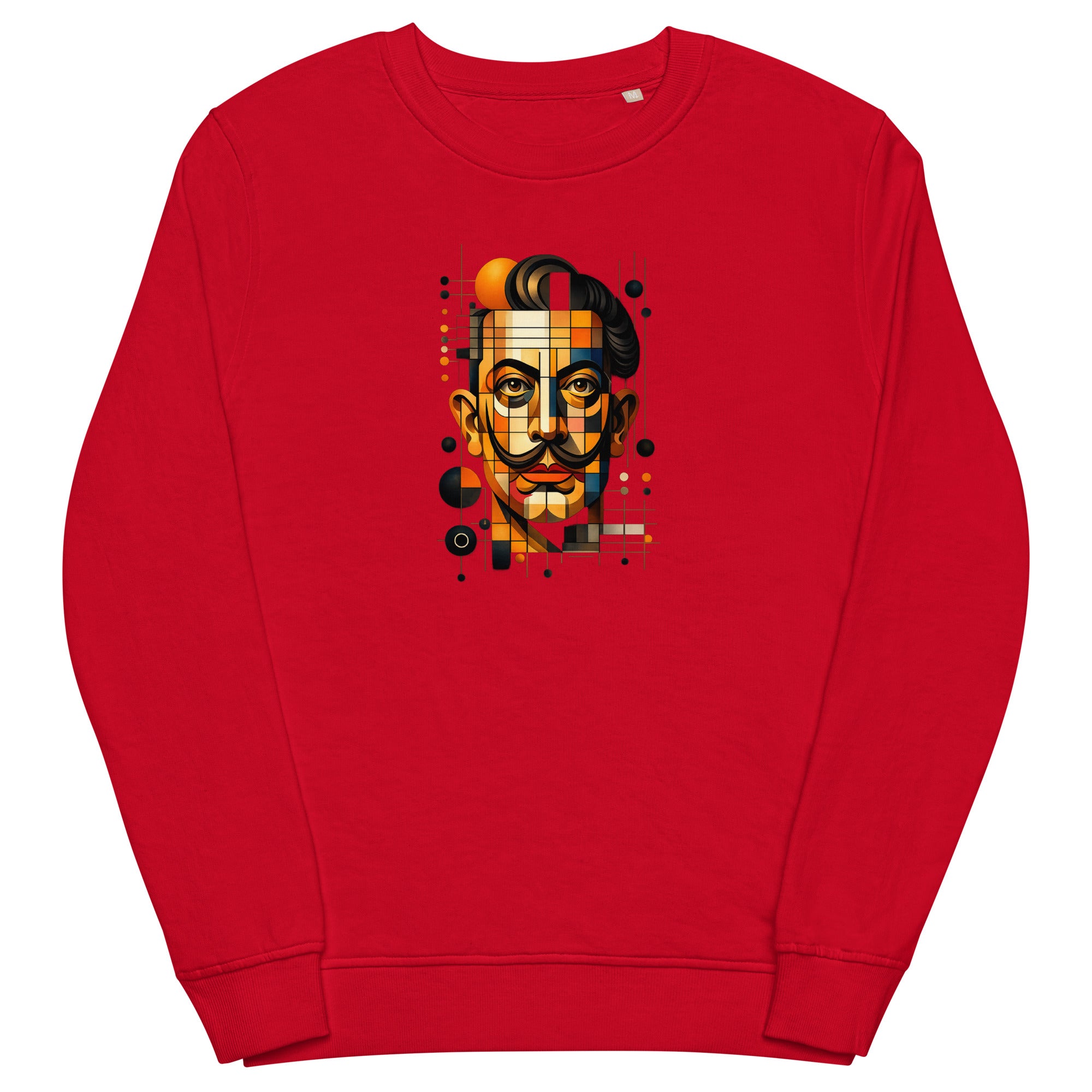 Red unisex organic sweatshirt with Dali print design, front view – iNKORART Studio
