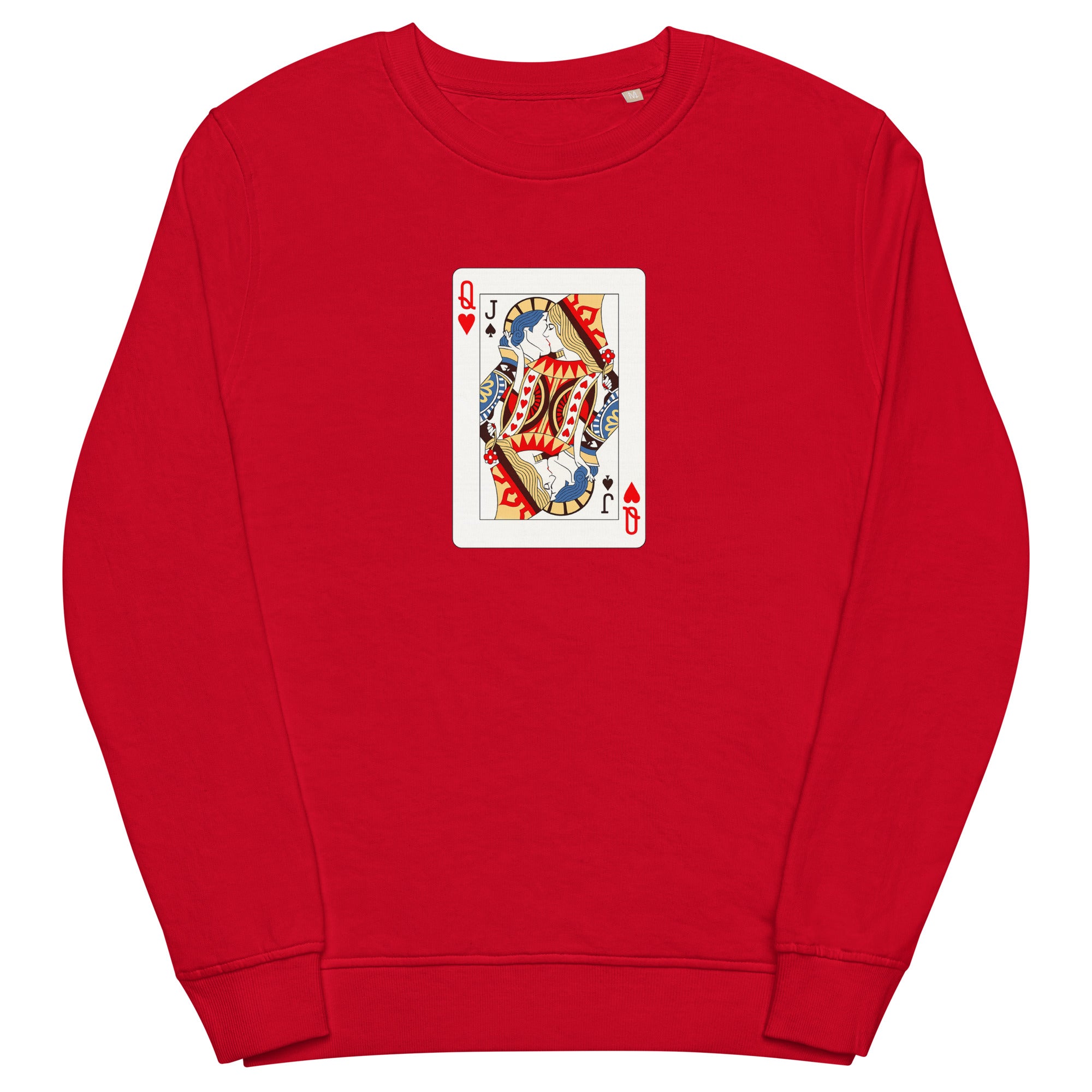 Red unisex organic sweatshirt with Love Card print design, front view – iNKORART Studio