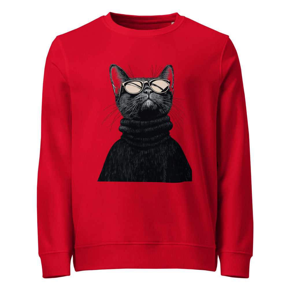 Red unisex organic sweatshirt with Retro Glasses Cat print design, front view – iNKORART Studio