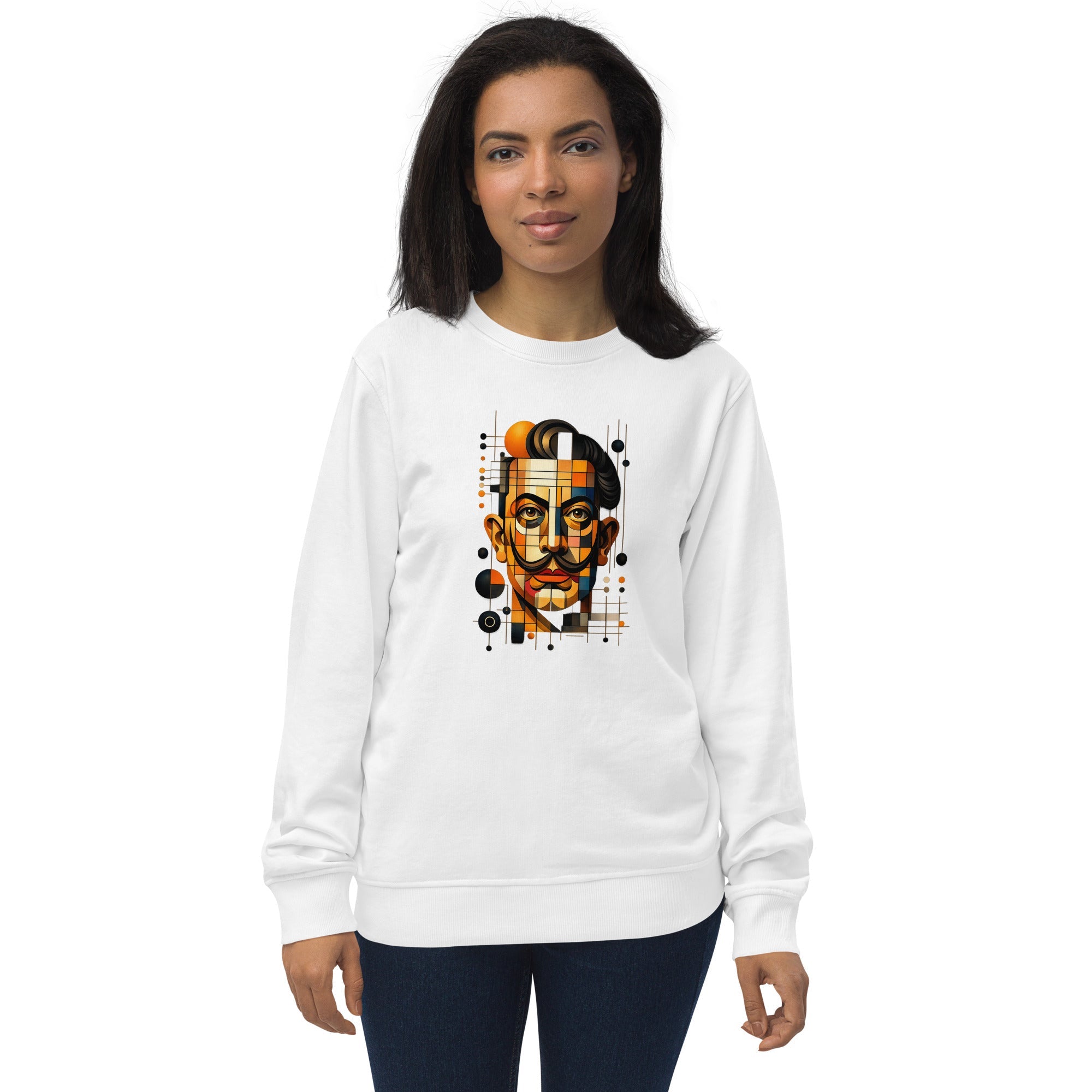 White unisex organic sweatshirt with Dali print design, front view – iNKORART Studio