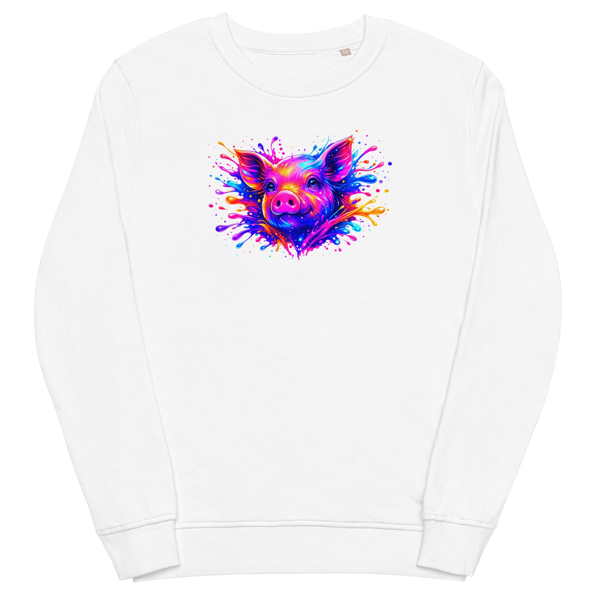 White unisex organic sweatshirt with Cute Pig print design, front view – iNKORART Studio
