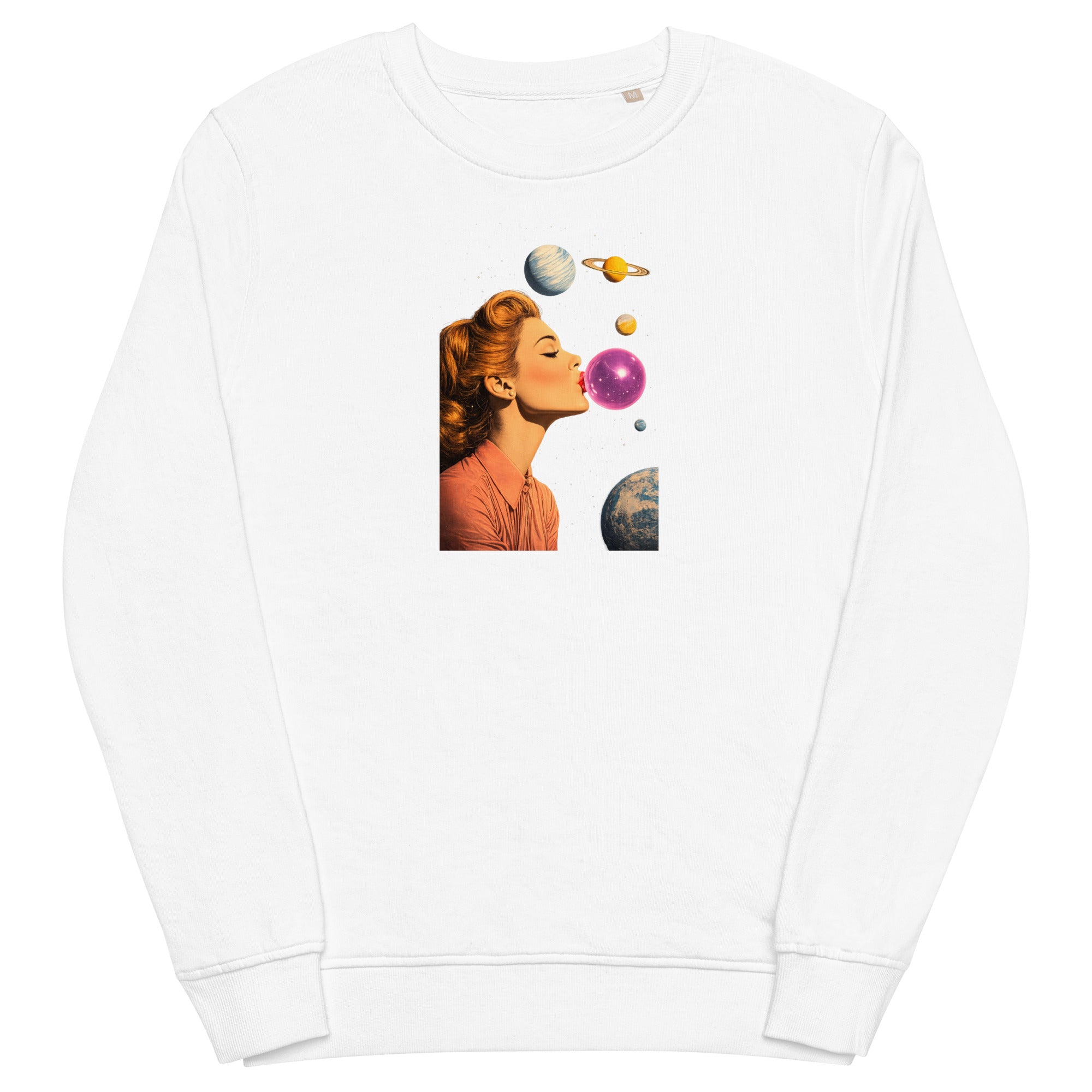 White unisex organic sweatshirt with Lady Space print design, front view – iNKORART Studio