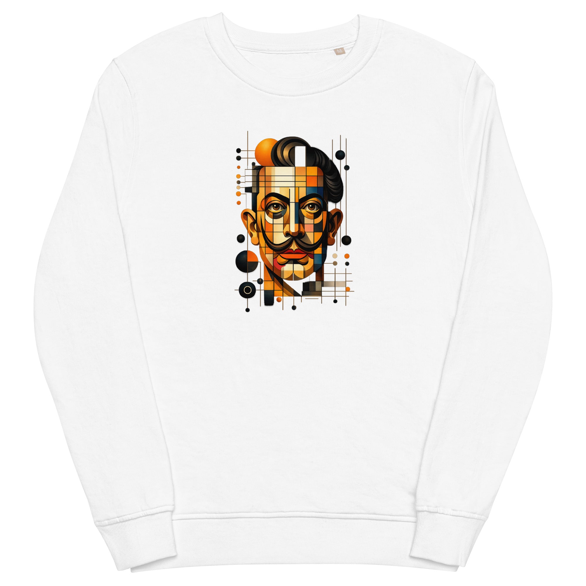 White unisex organic sweatshirt with Dali print design, front view – iNKORART Studio