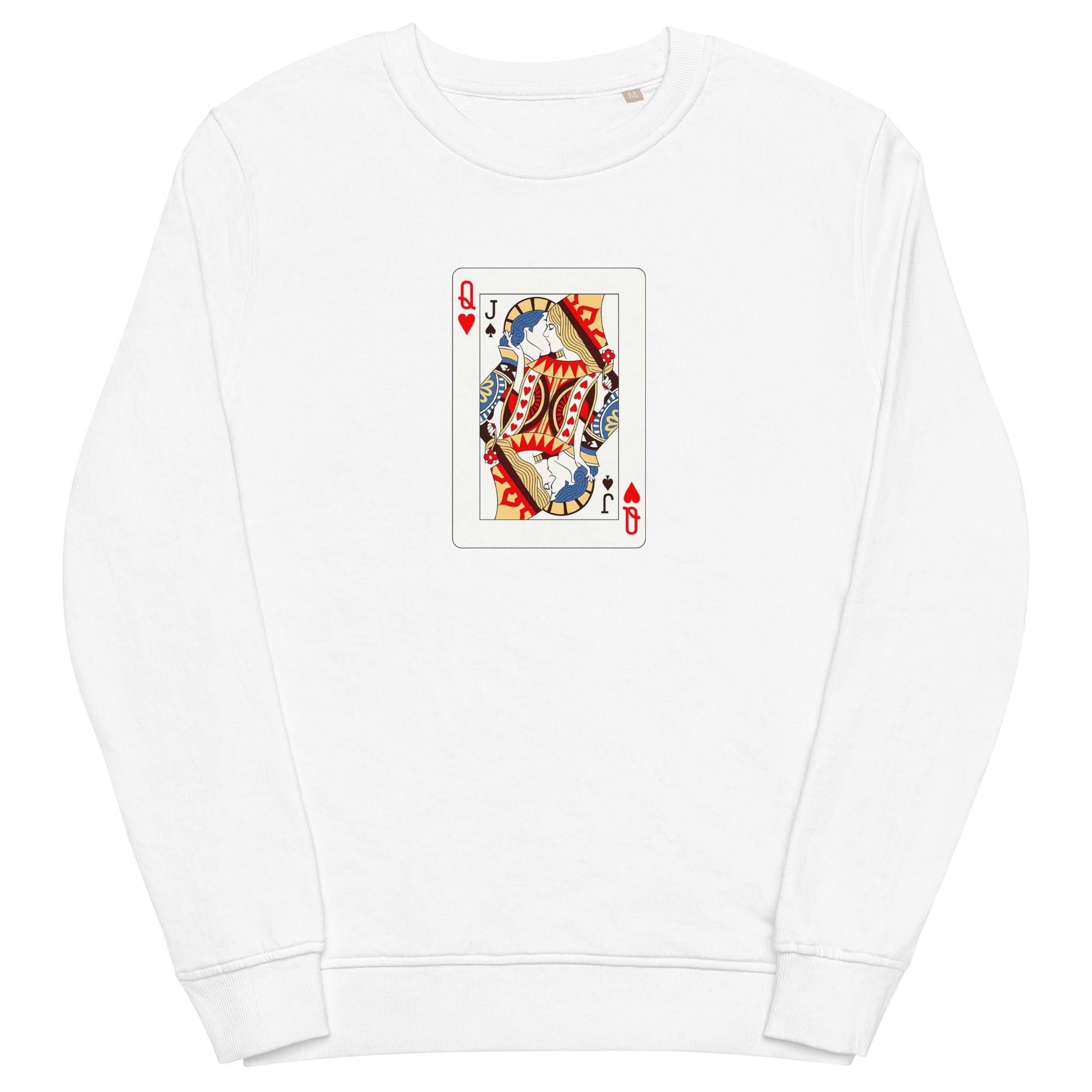 White unisex organic sweatshirt with Love Card print design, front view – iNKORART Studio