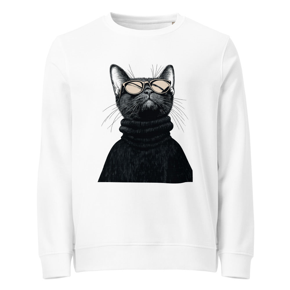 White unisex organic sweatshirt with Retro Glasses Cat print design, front view – iNKORART Studio