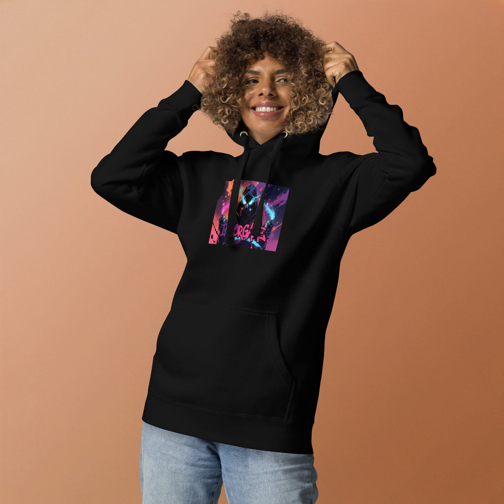 Black unisex pullover hoodie with Inkorgame print design, front view – iNKORART Studio