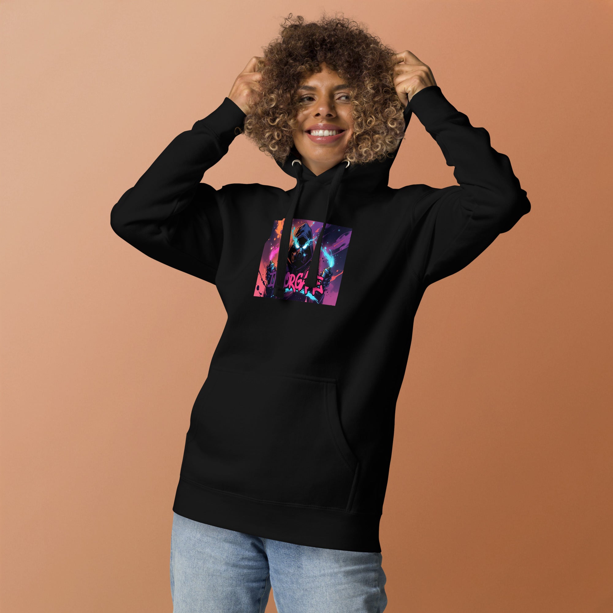 Black unisex pullover hoodie with Inkorgame print design, front view – iNKORART Studio