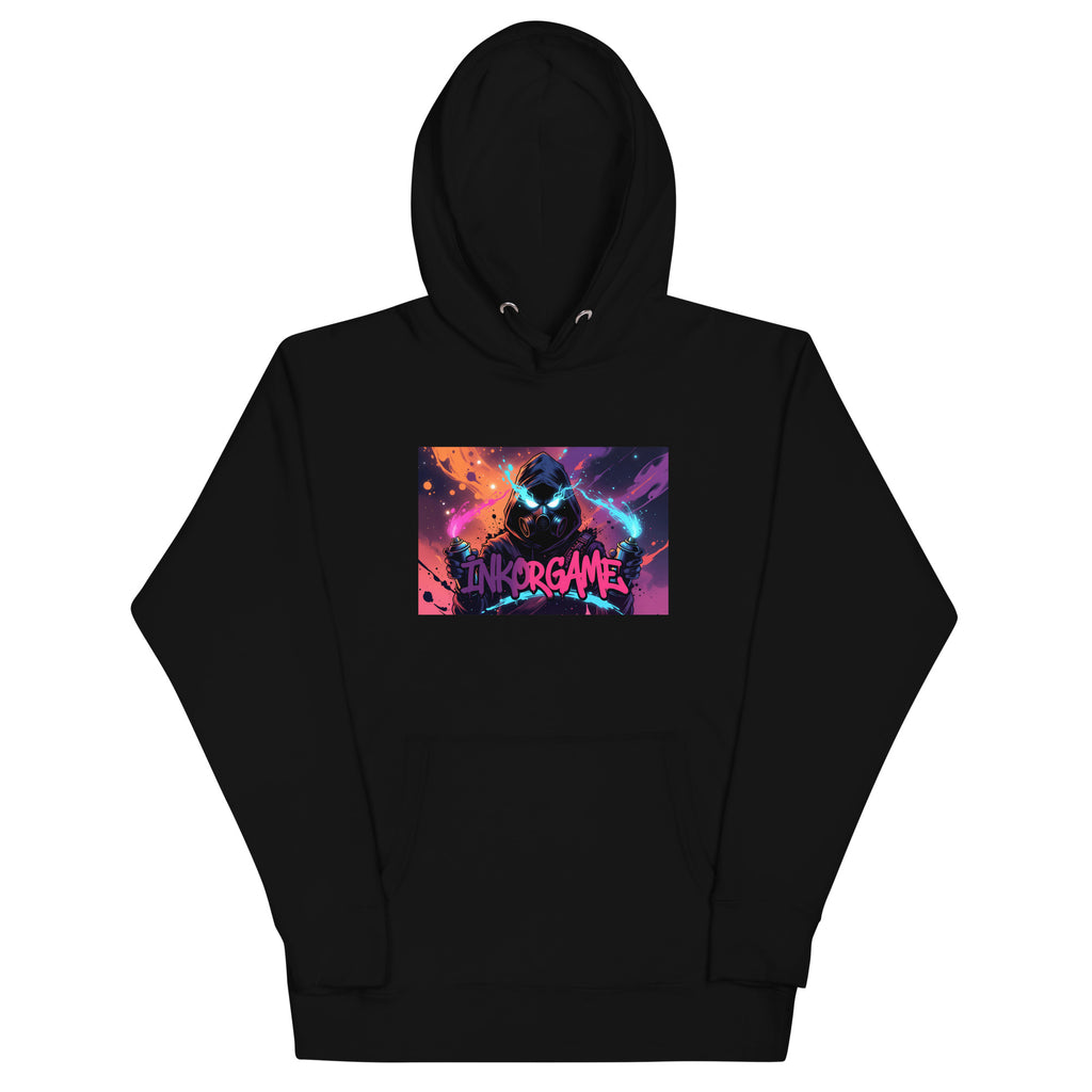 Black unisex pullover hoodie with Inkorgame print design, front view – iNKORART Studio
