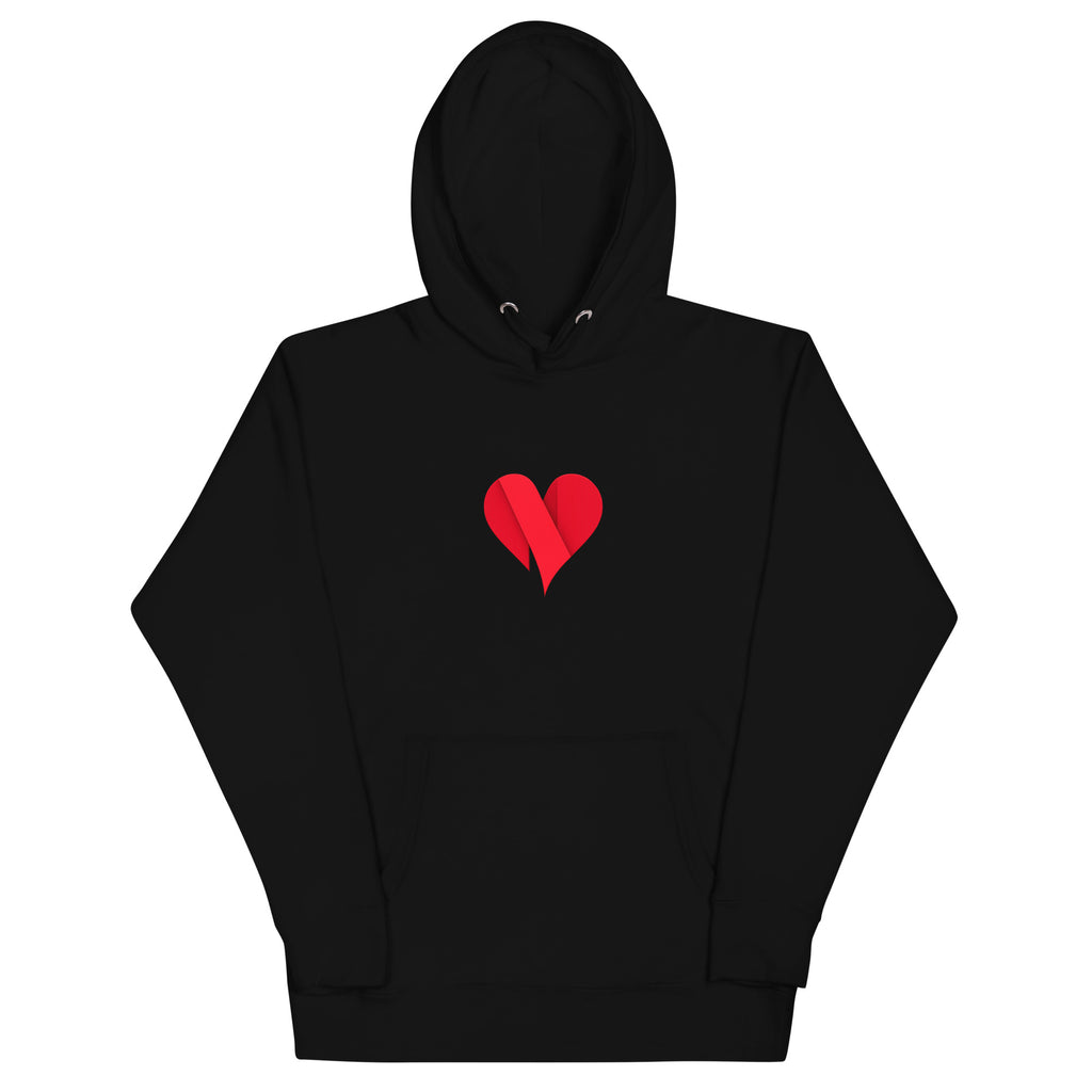 Black unisex pullover hoodie with Love Heart print design, front view – iNKORART Studio