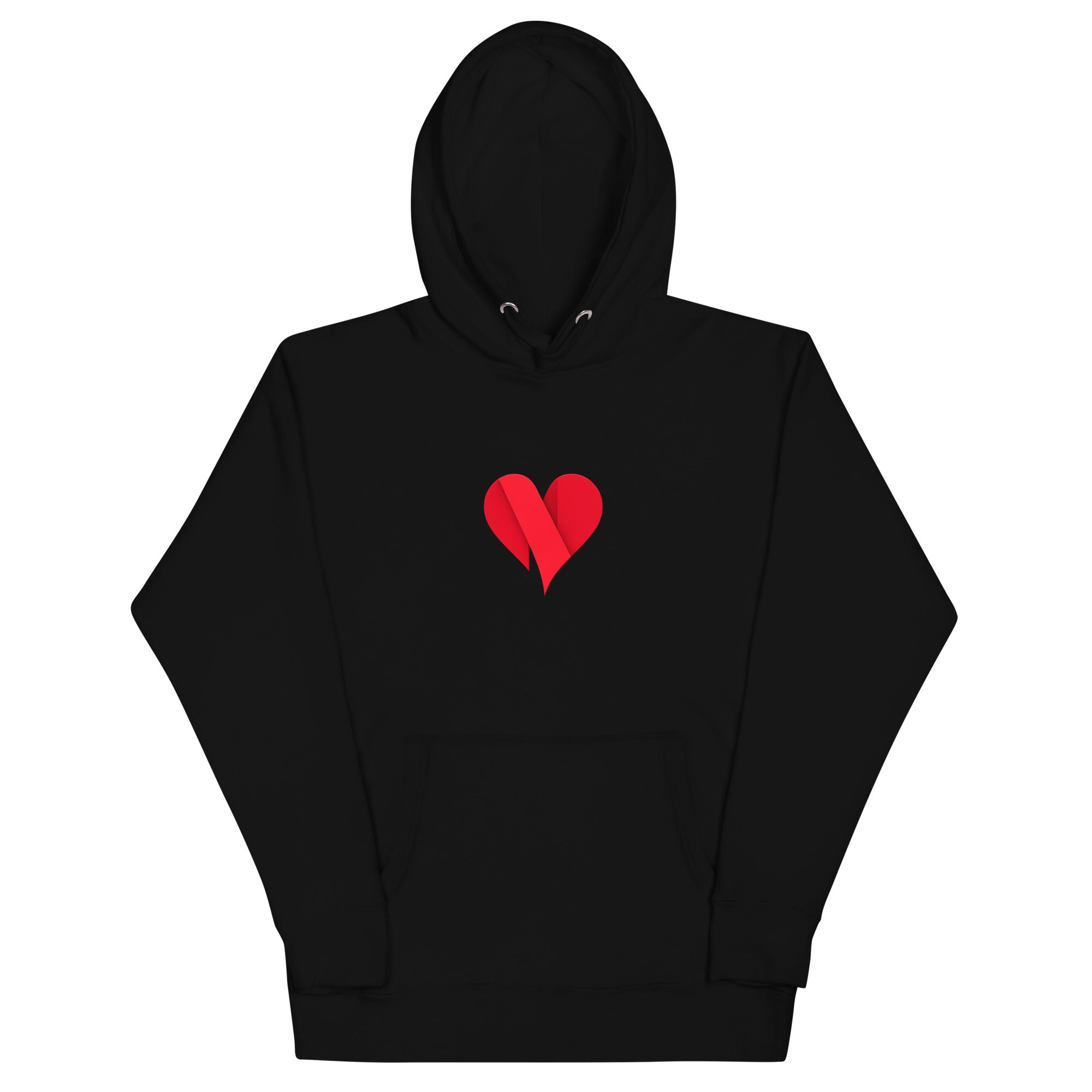Black unisex pullover hoodie with Love Heart print design, front view – iNKORART Studio