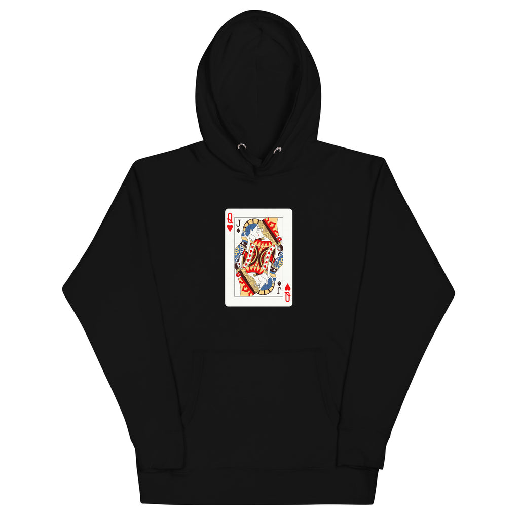 Black unisex pullover hoodie with Love Card print design, front view – iNKORART Studio
