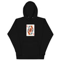 Black unisex pullover hoodie with Love Card print design, front view – iNKORART Studio