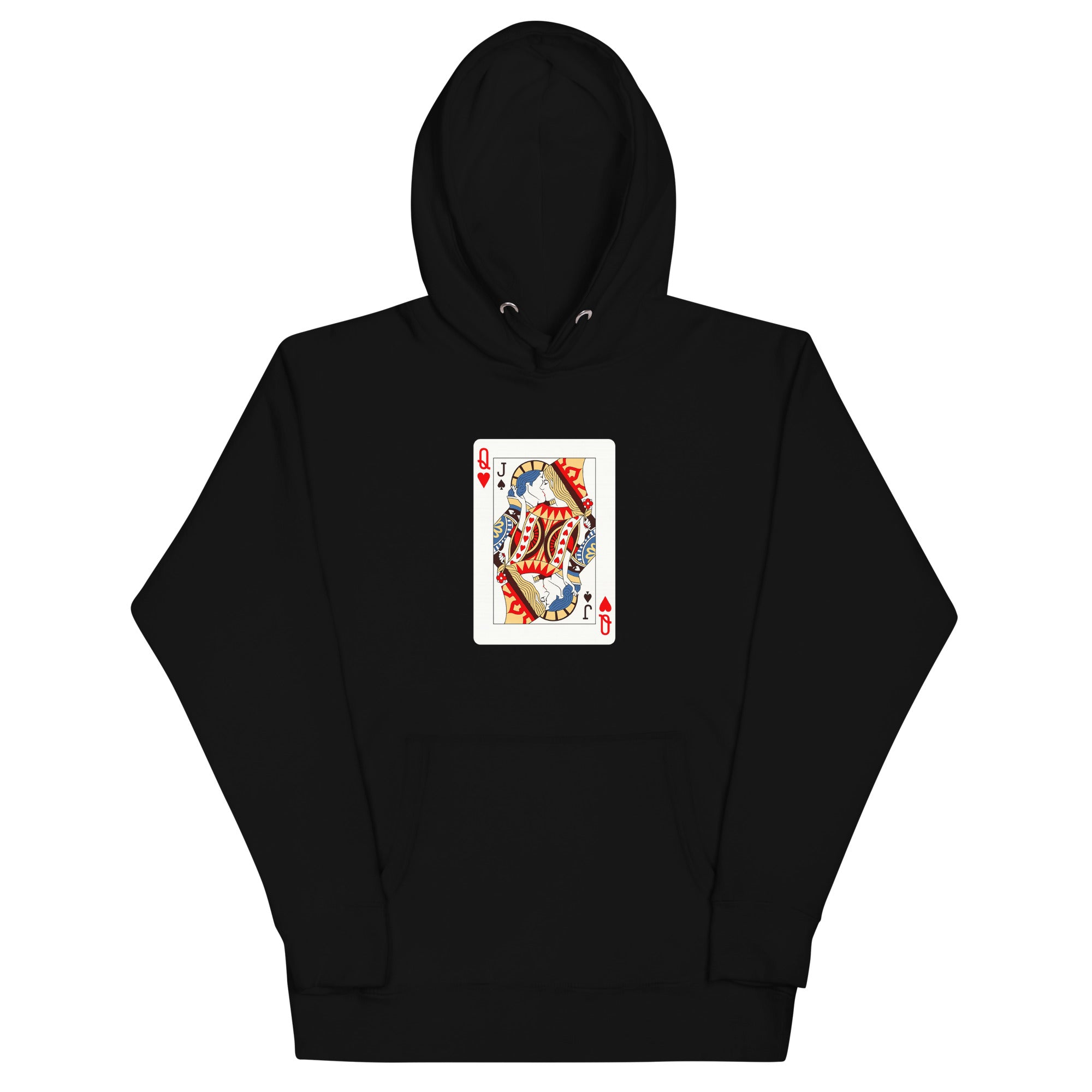 Black unisex pullover hoodie with Love Card print design, front view – iNKORART Studio