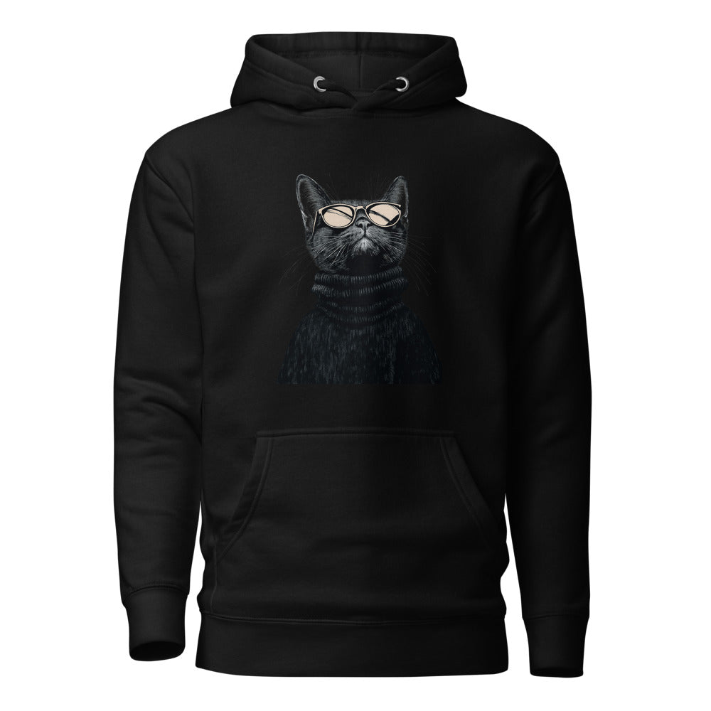 Black unisex hoodie with Retro Glasses Cat print design, front view – iNKORART Studio
