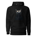 Black unisex hoodie with Retro Glasses Cat print design, front view – iNKORART Studio