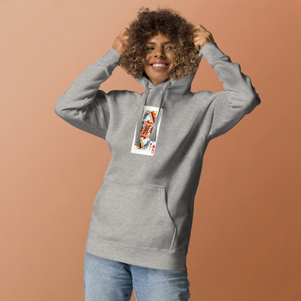 Carbon grey unisex pullover hoodie with Love Card print design, front view – iNKORART Studio