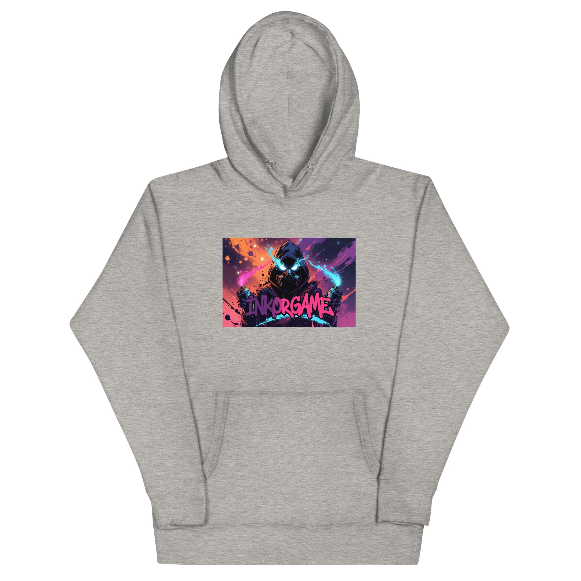 Carbon grey unisex pullover hoodie with Inkorgame print design, front view – iNKORART Studio