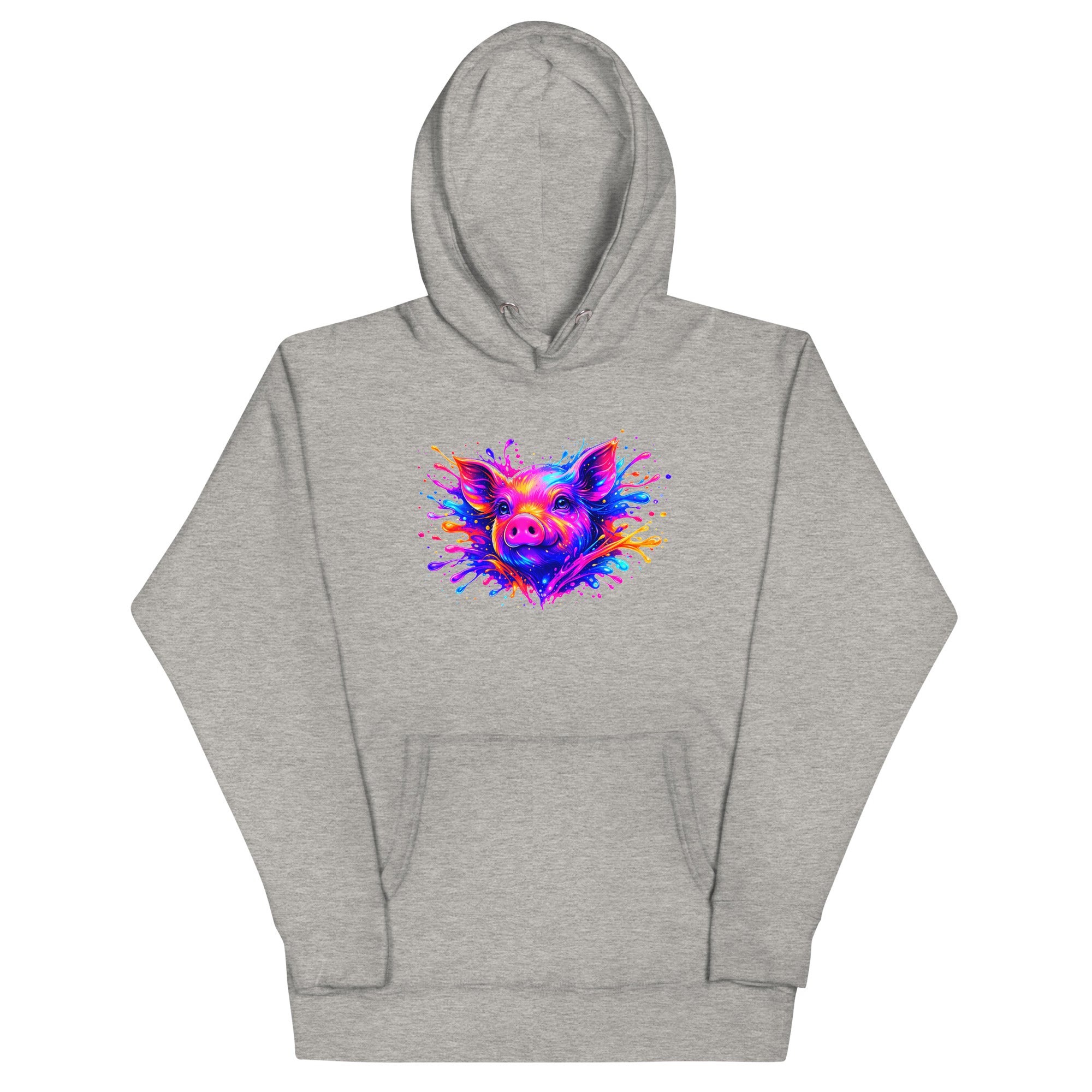 Carbon grey unisex pullover hoodie with Cute Pig print design, front view – iNKORART Studio