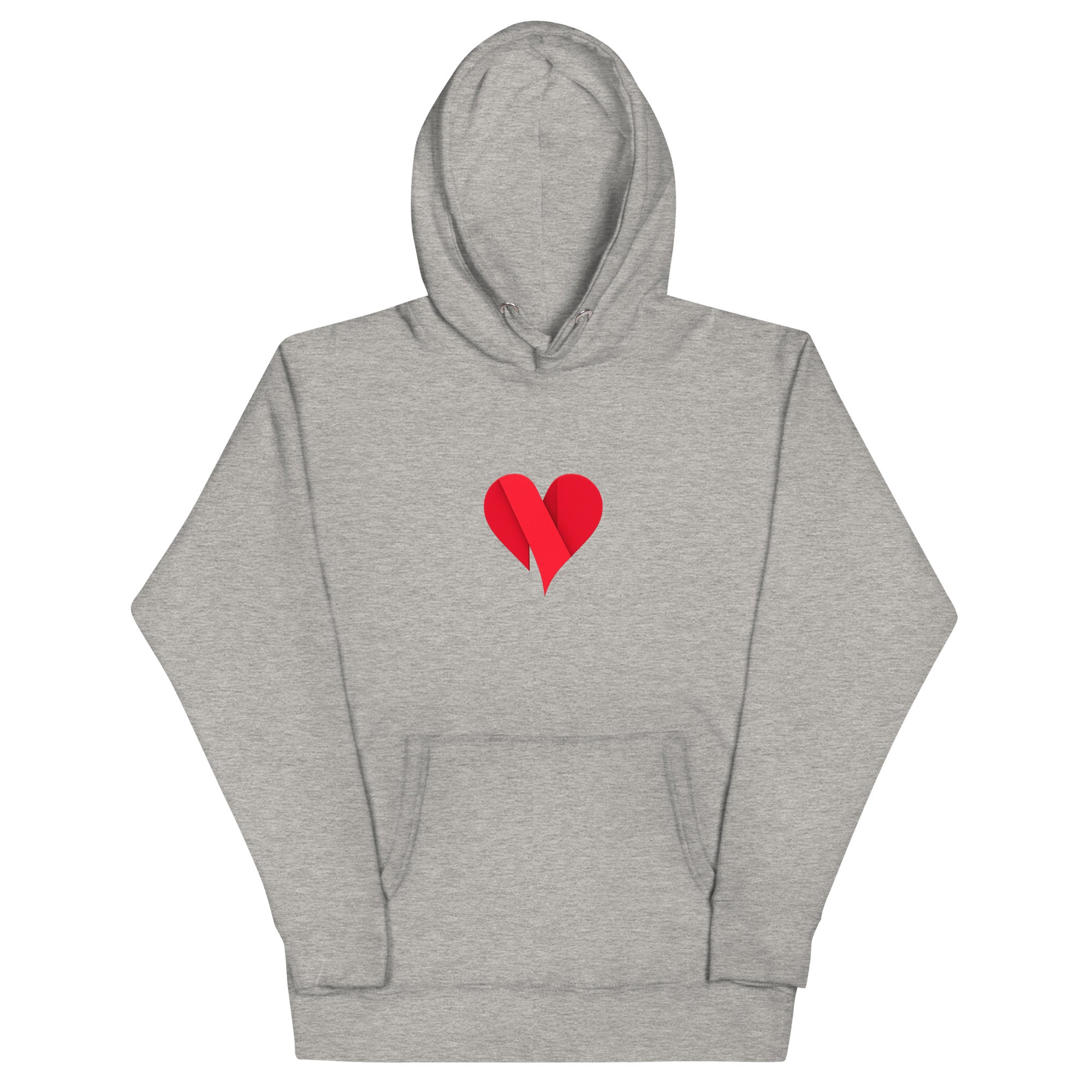 Carbon grey unisex pullover hoodie with Love Heart print design, front view – iNKORART Studio