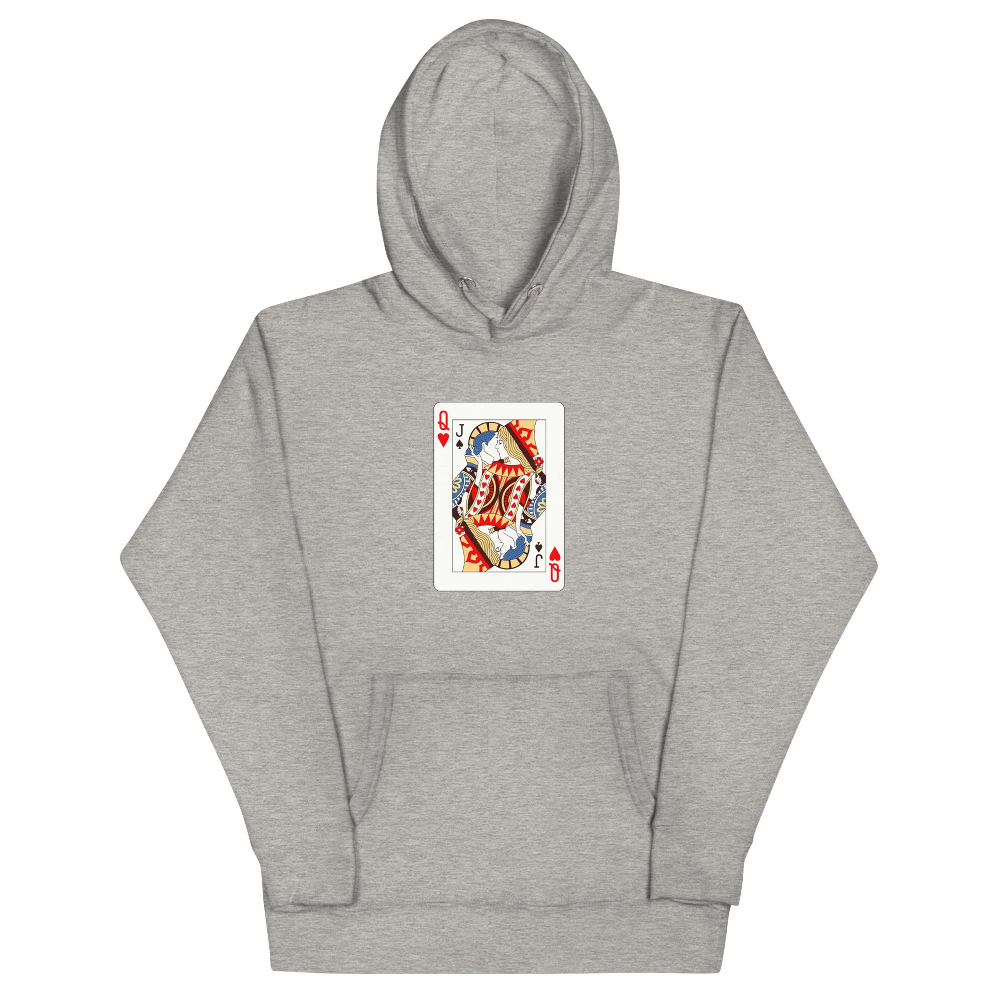 Carbon grey unisex pullover hoodie with Love Card print design, front view – iNKORART Studio