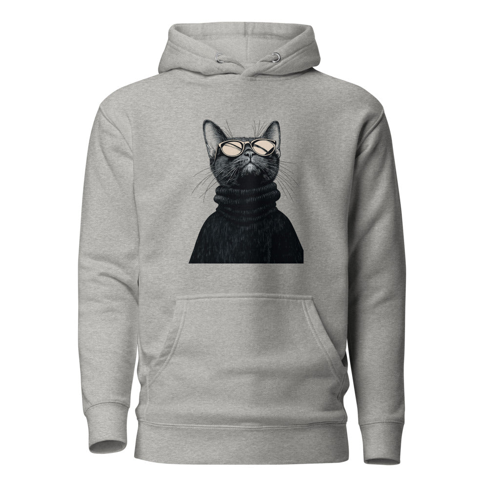 Carbon Grey unisex hoodie with Retro Glasses Cat print design, front view – iNKORART Studio
