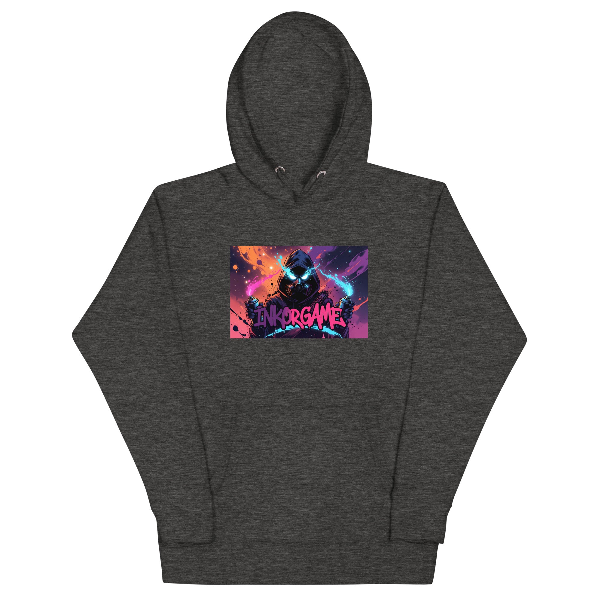 Charcoal heather unisex pullover hoodie with Inkorgame print design, front view – iNKORART Studio