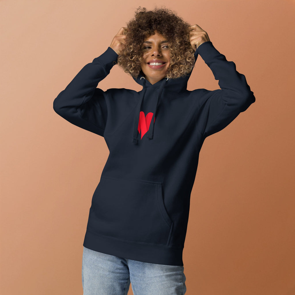 Navy blazer unisex pullover hoodie with Love Heart print design, front view – iNKORART Studio