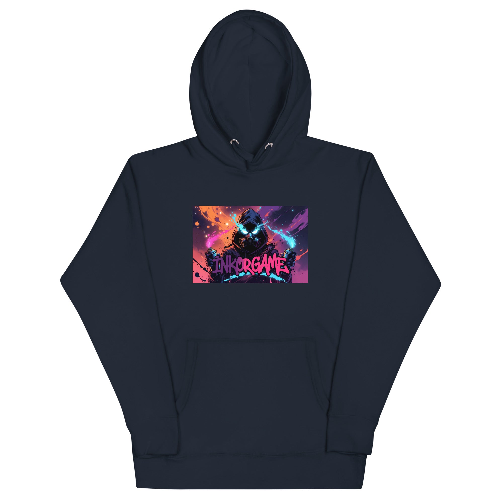 Navy blazer unisex pullover hoodie with Inkorgame print design, front view – iNKORART Studio