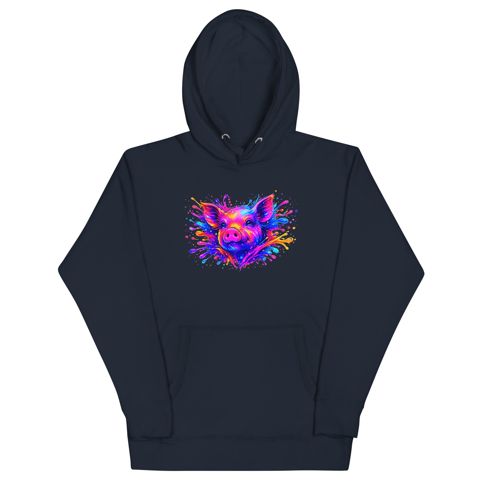 Navy blazer unisex pullover hoodie with Cute Pig print design, front view – iNKORART Studio