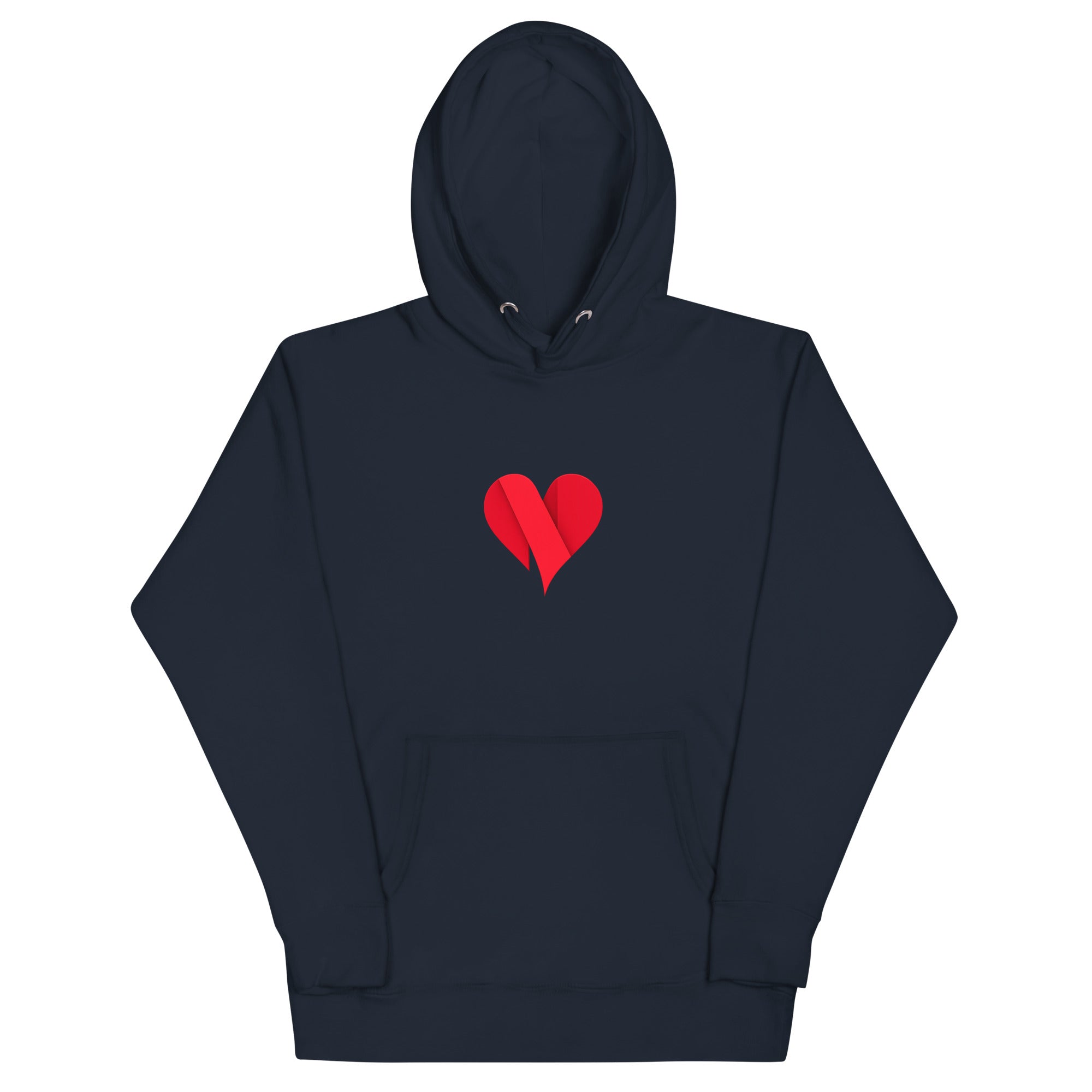 Navy blazer unisex pullover hoodie with Love Heart print design, front view – iNKORART Studio