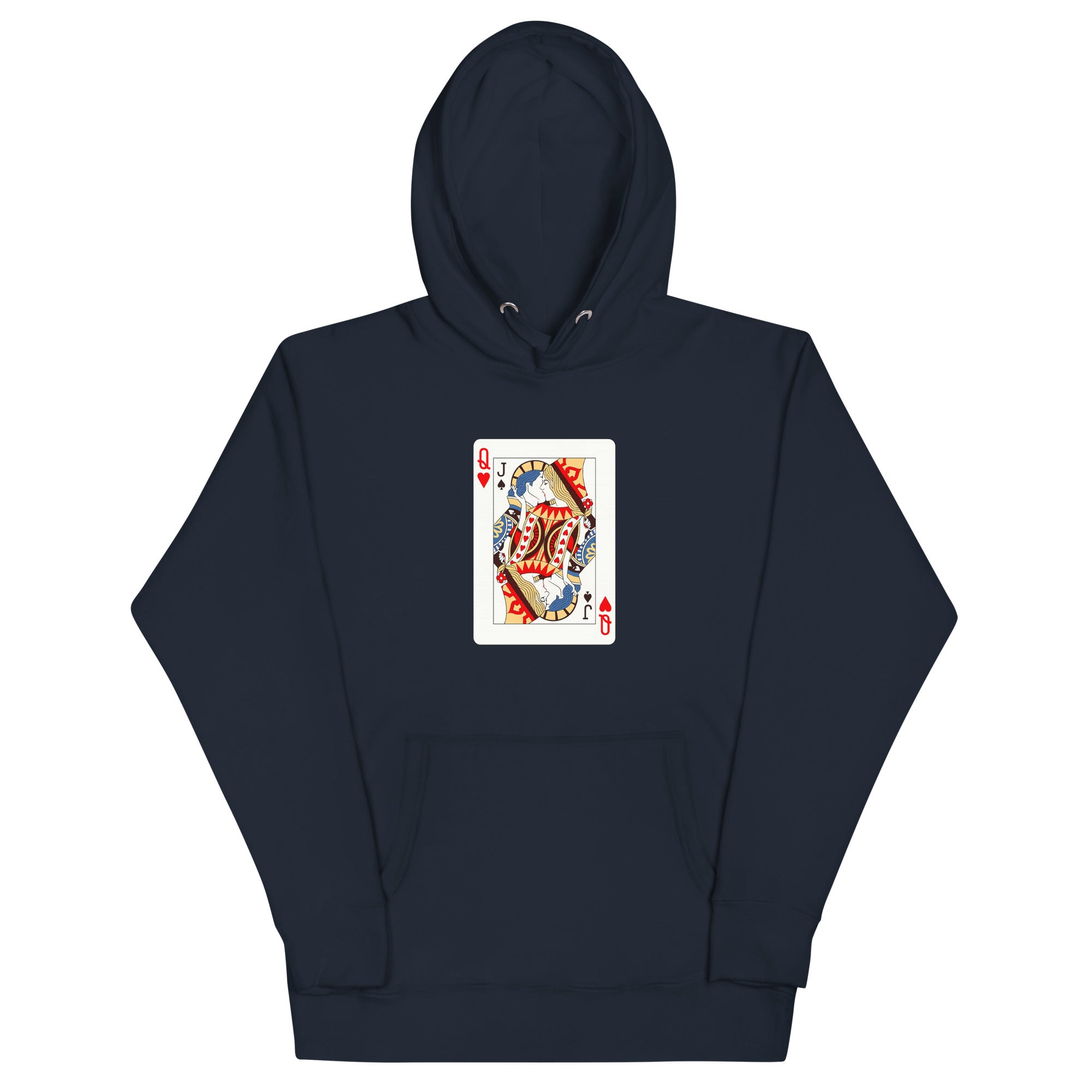 Navy blazer unisex pullover hoodie with Love Card print design, front view – iNKORART Studio