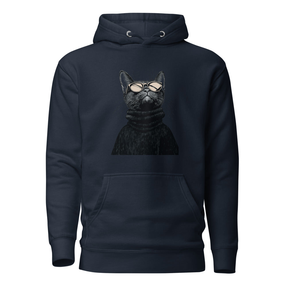 Navy Blazer unisex hoodie with Retro Glasses Cat print design, front view – iNKORART Studio