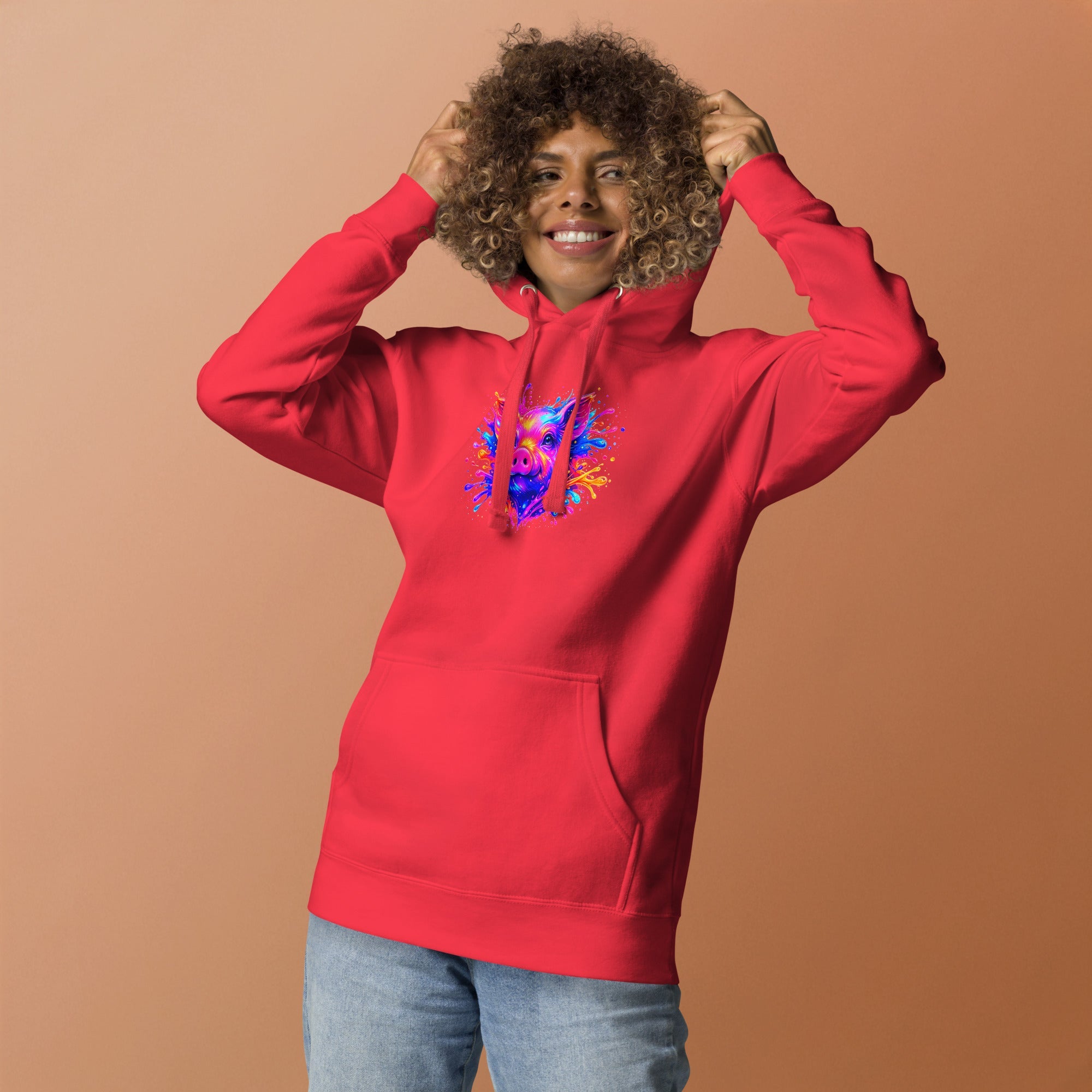 Team red unisex pullover hoodie with Cute Pig print design, front view – iNKORART Studio