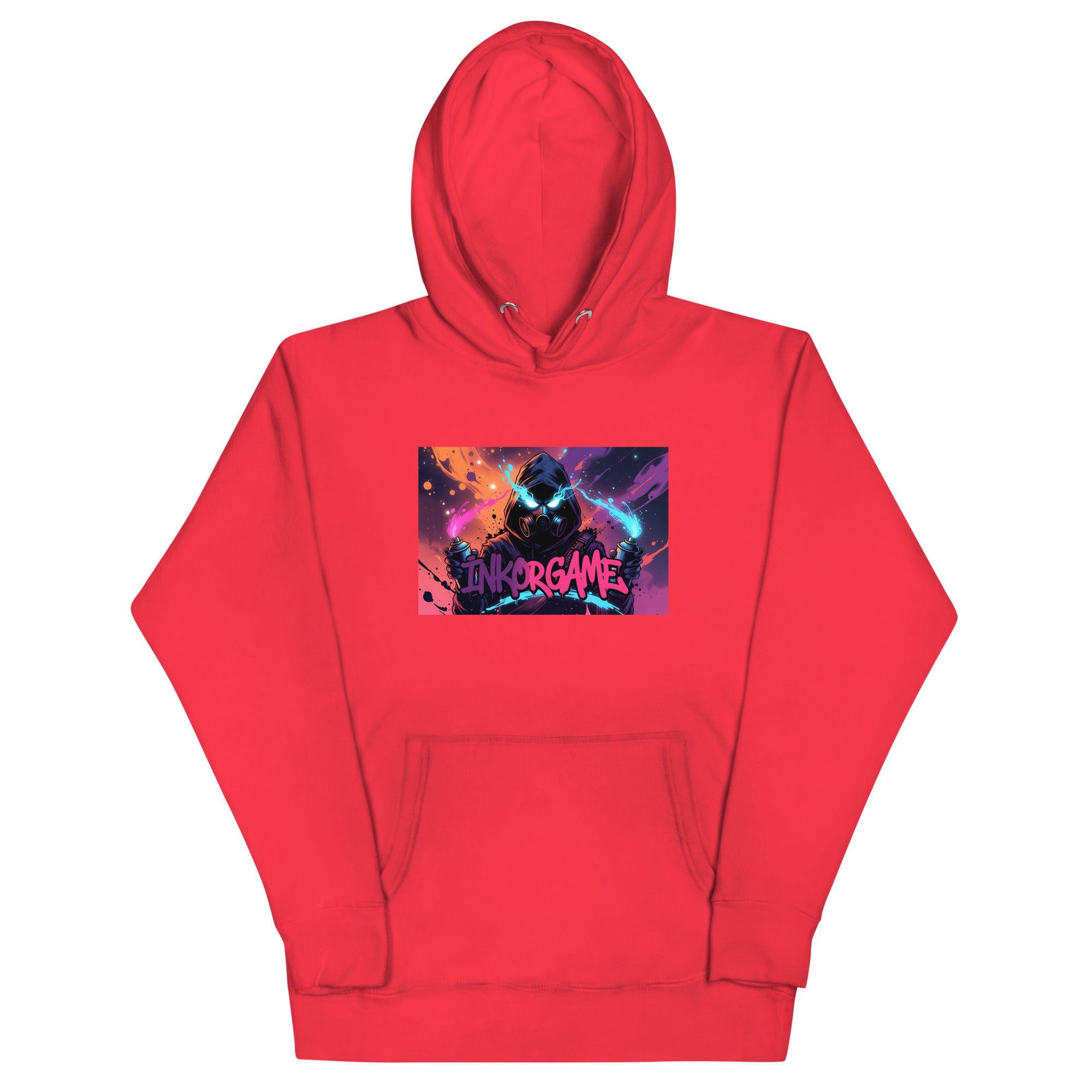 Team red unisex pullover hoodie with Inkorgame print design, front view – iNKORART Studio