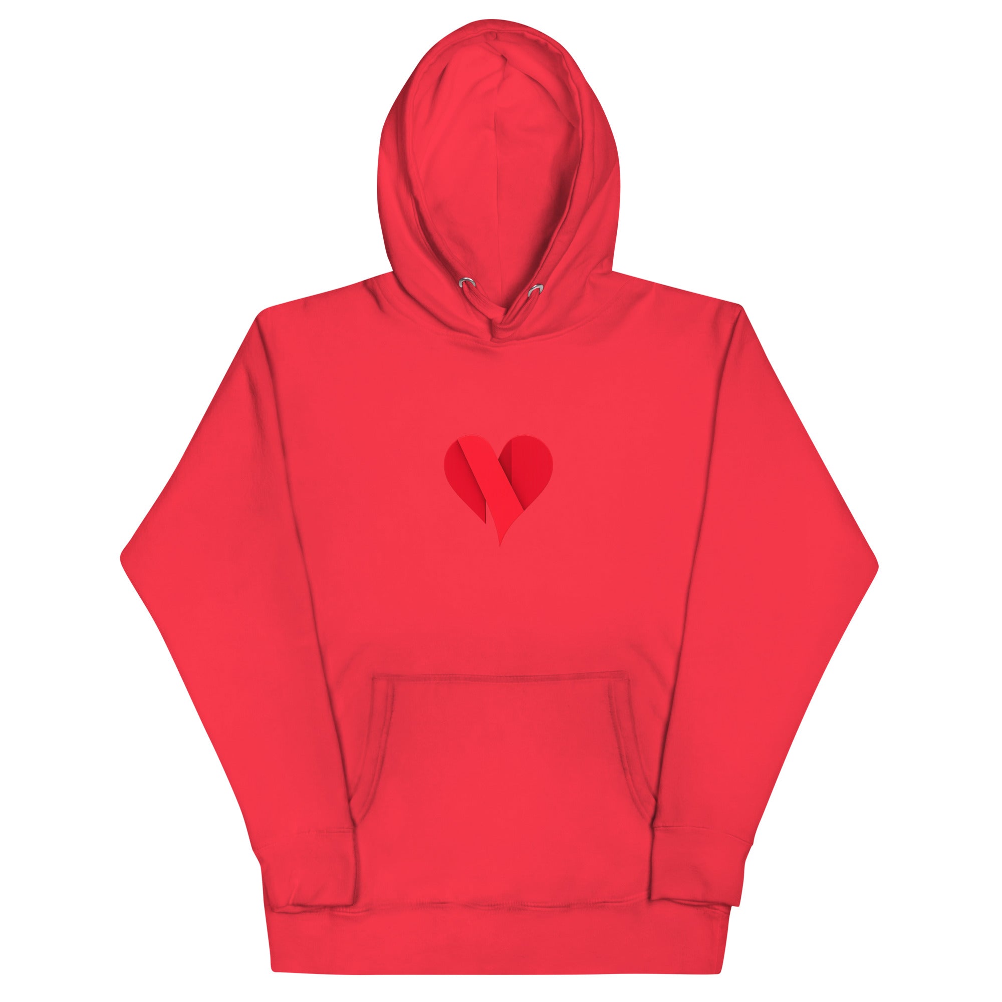 Team red unisex pullover hoodie with Love Heart print design, front view – iNKORART Studio