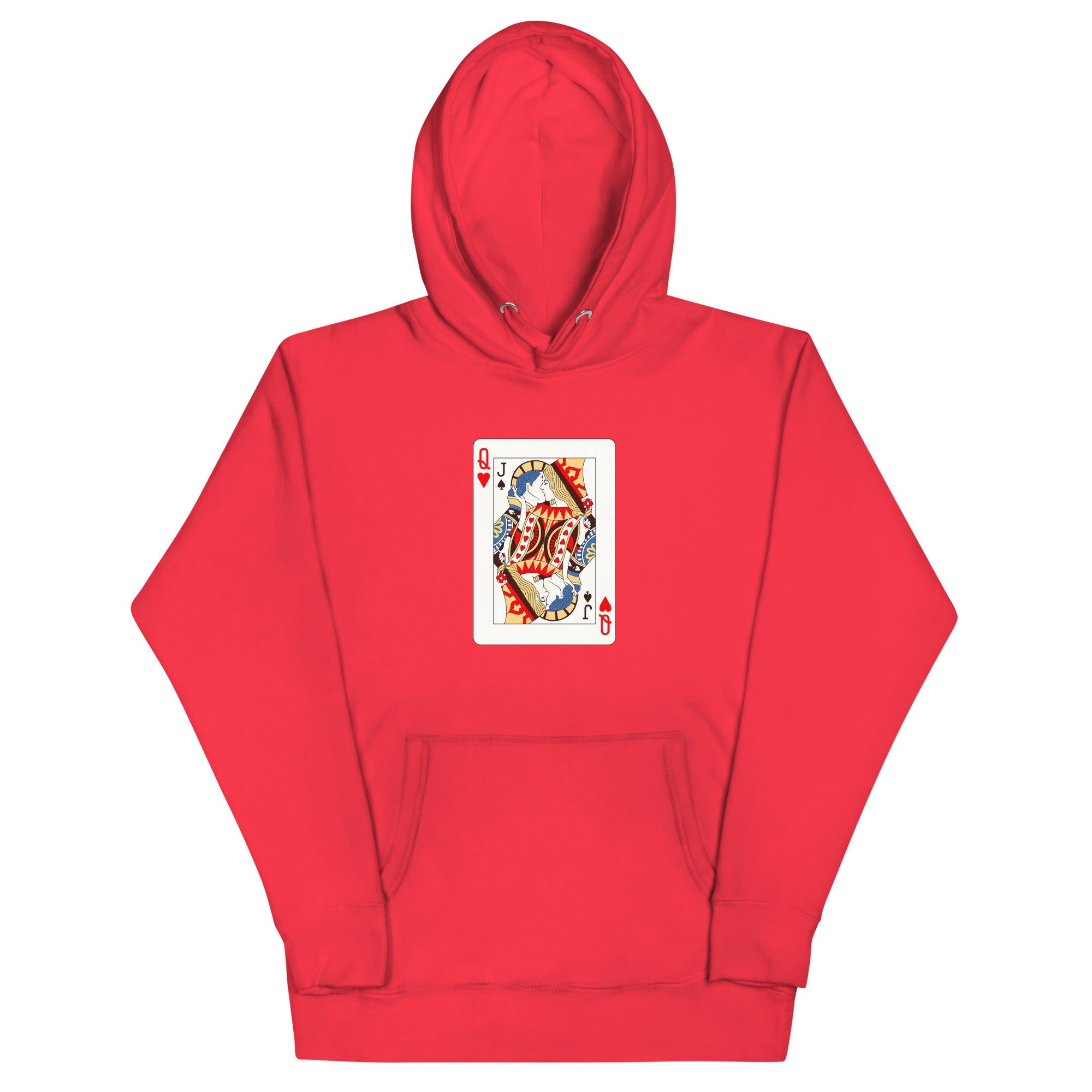 Team red unisex pullover hoodie with Love Card print design, front view – iNKORART Studio