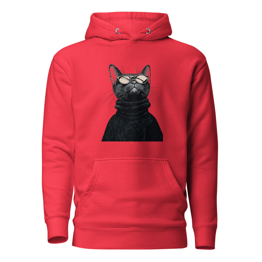 Team Red unisex hoodie with Retro Glasses Cat print design, front view – iNKORART Studio