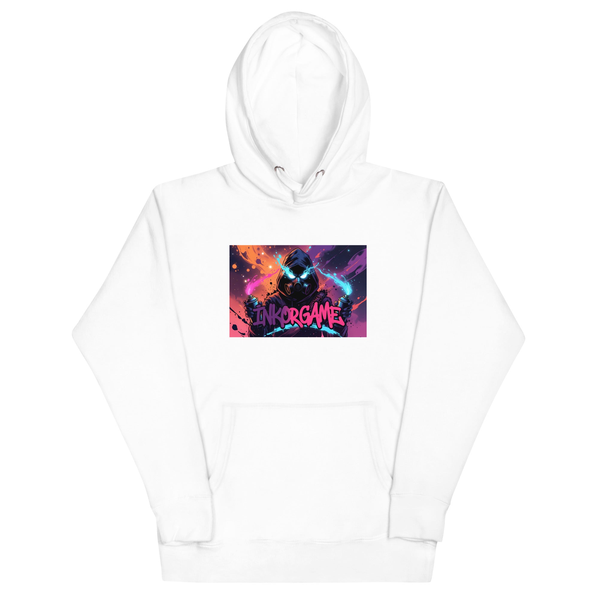White unisex pullover hoodie with Inkorgame print design, front view – iNKORART Studio