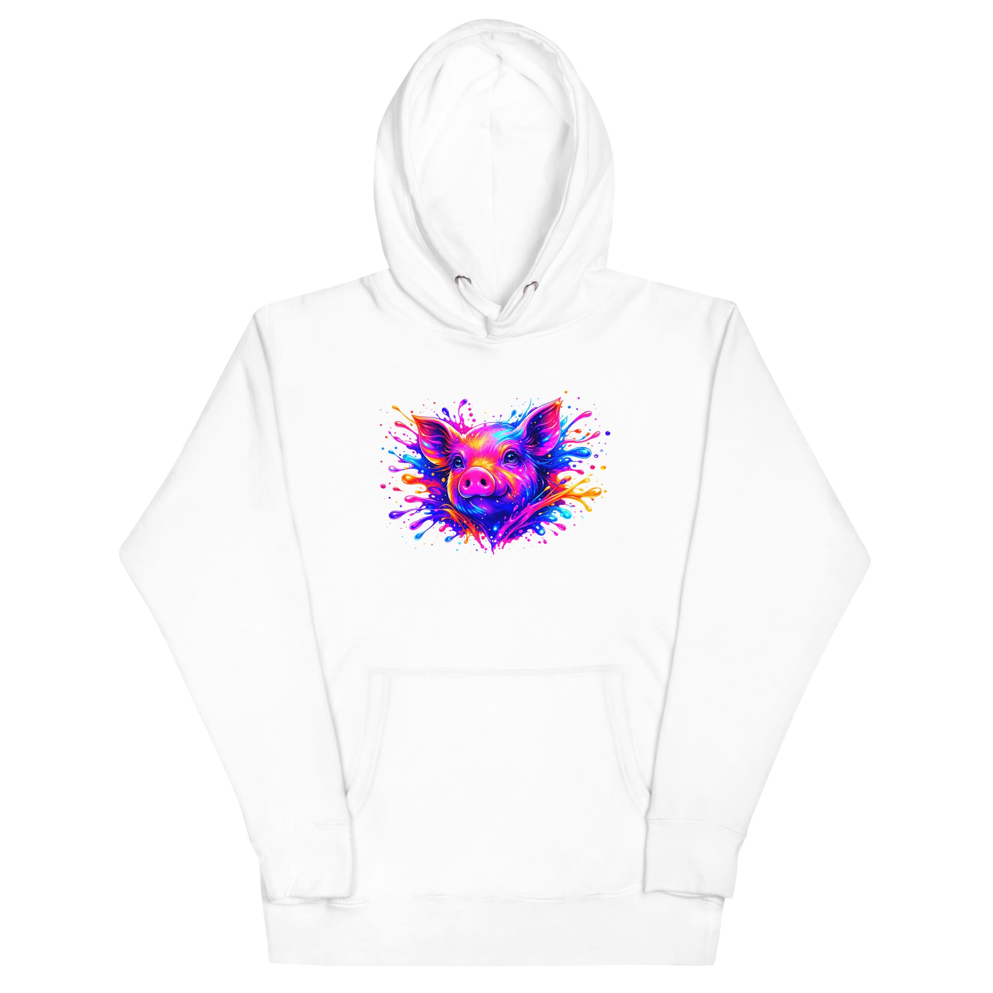 White unisex pullover hoodie with Cute Pig print design, front view – iNKORART Studio
