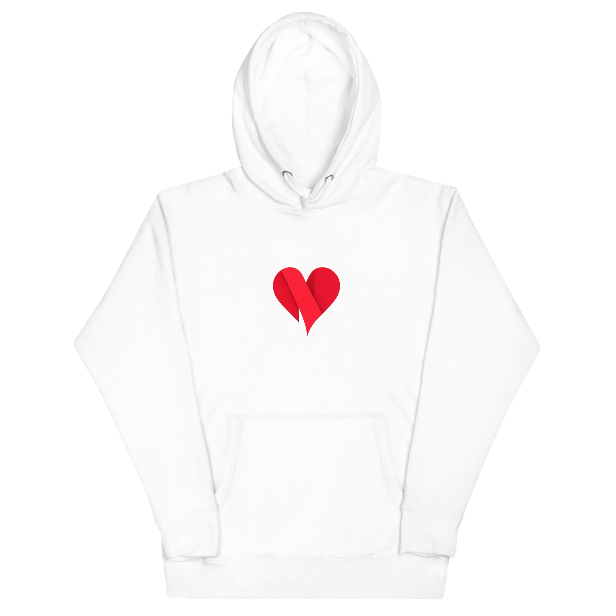 White unisex pullover hoodie with Love Heart print design, front view – iNKORART Studio
