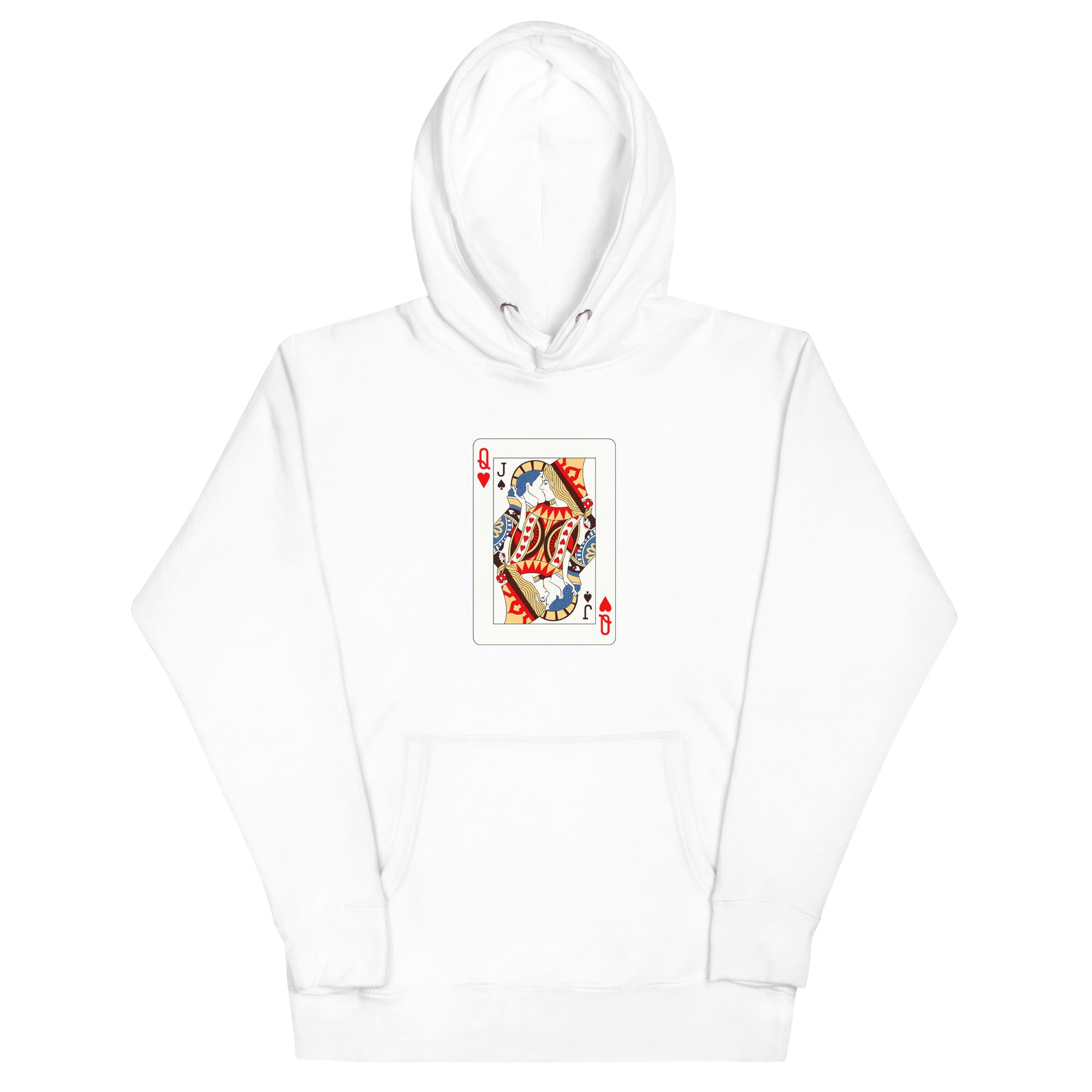 White unisex pullover hoodie with Love Card print design, front view – iNKORART Studio