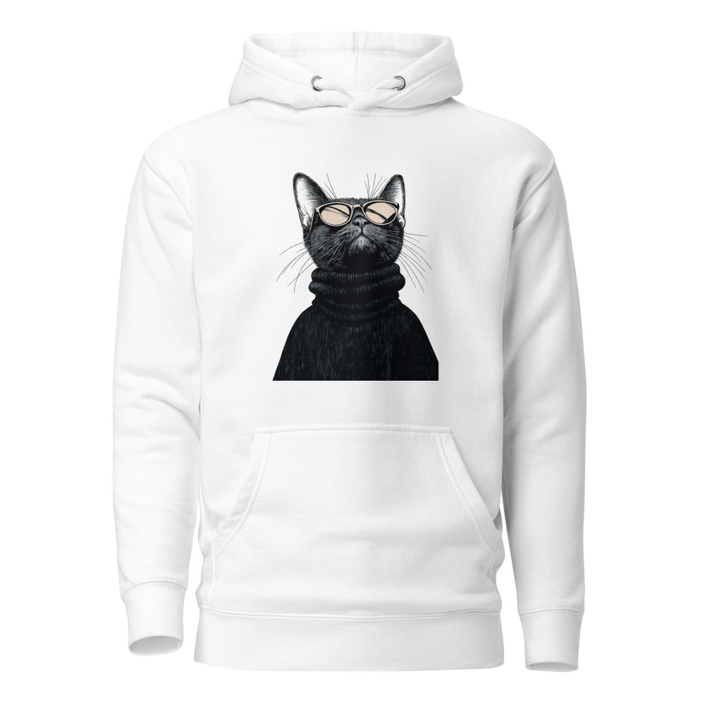 White unisex hoodie with Retro Glasses Cat print design, front view – iNKORART Studio