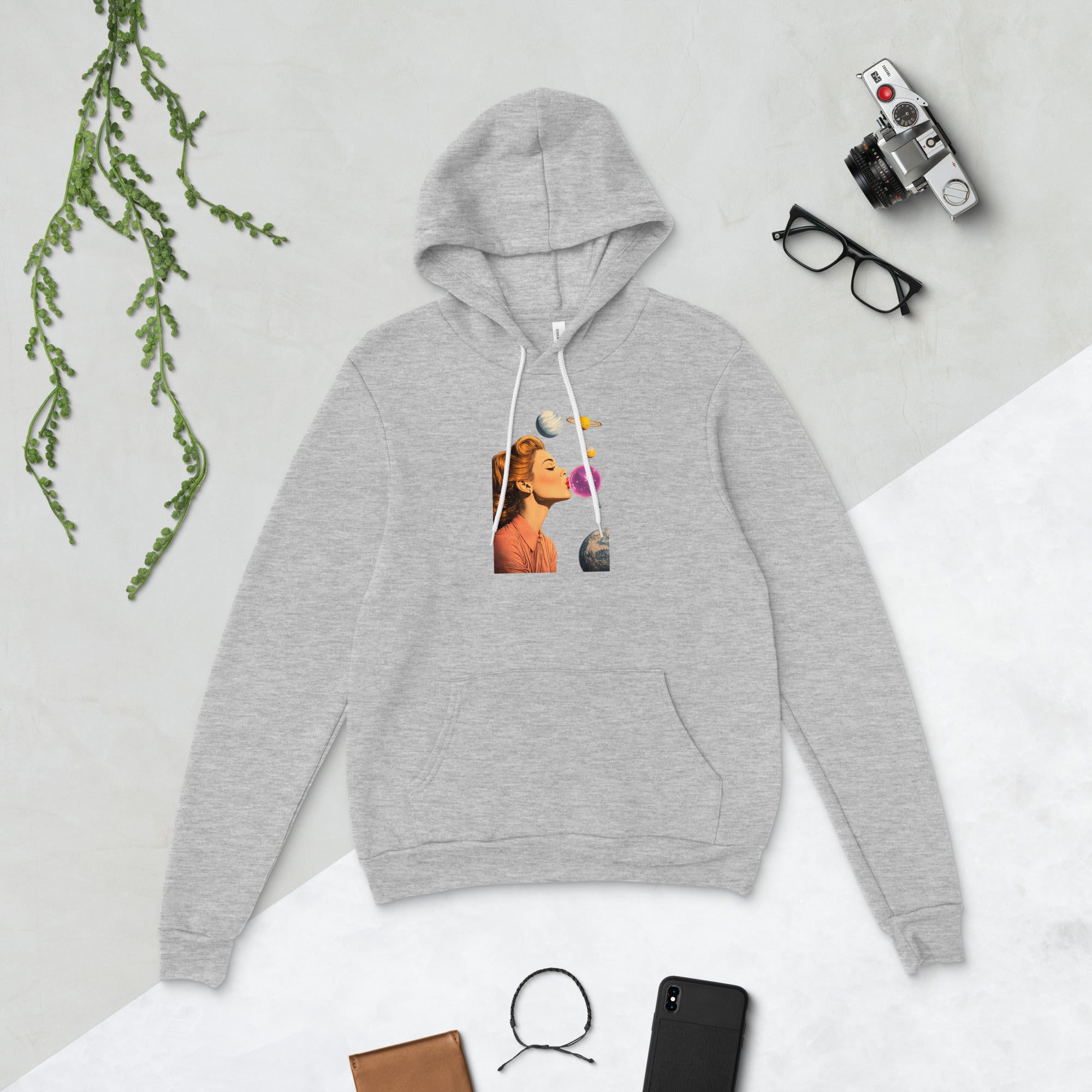 Athletic heather unisex pullover hoodie with Lady Space print design, front view – iNKORART Studio